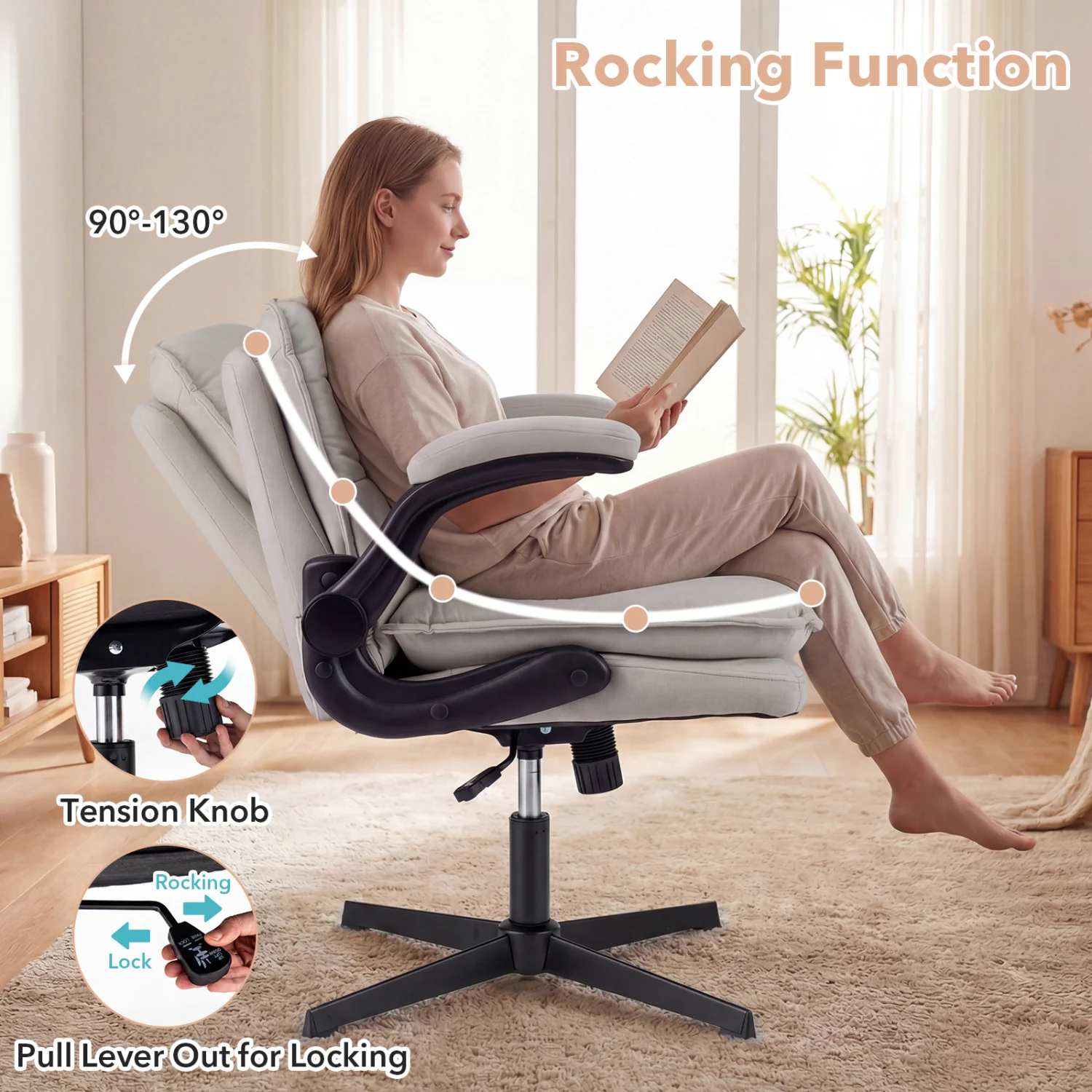 Criss Cross Chair With Flip-Up Arms Ergonomic Office Desk Chair, Beige - Image 6