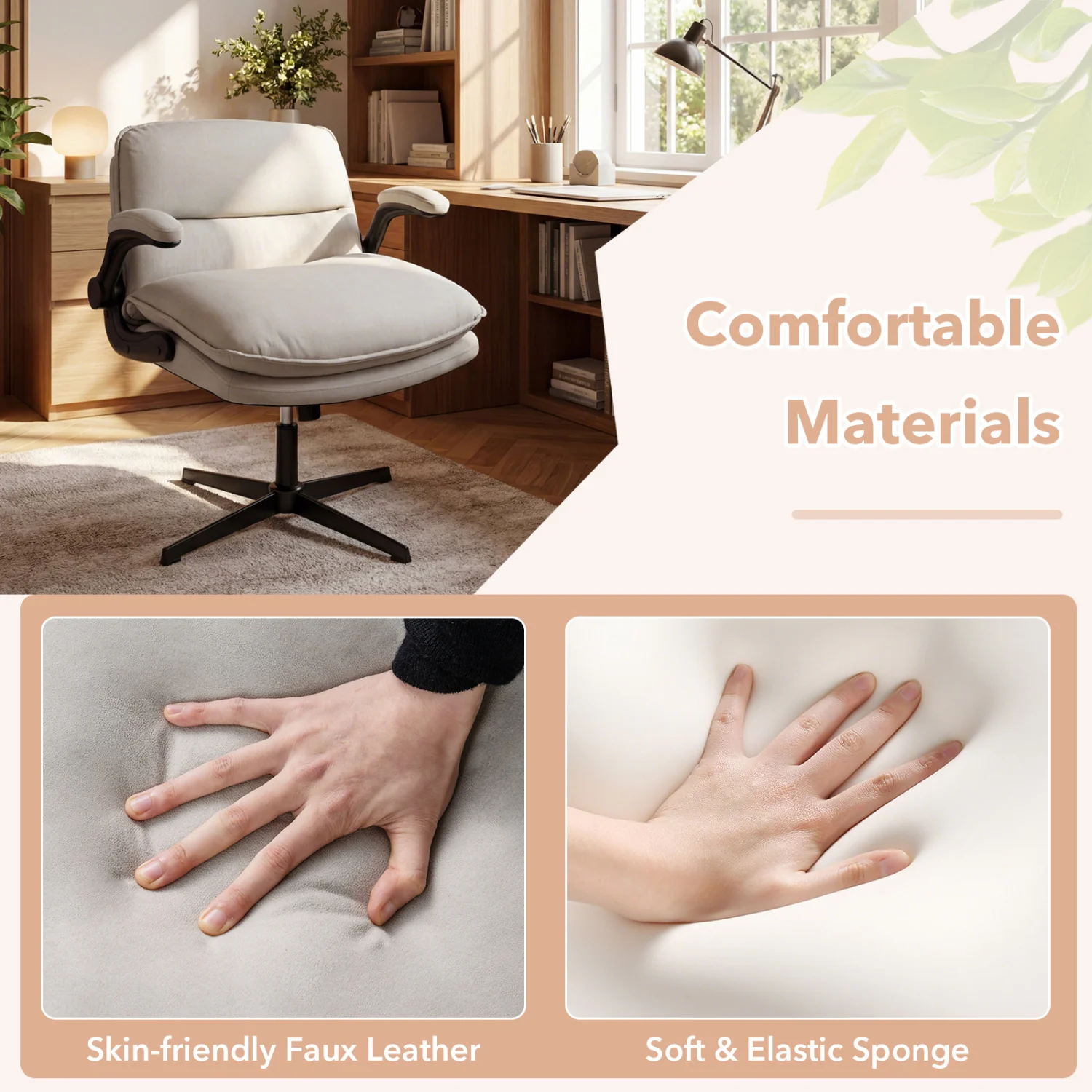 Criss Cross Chair With Flip-Up Arms Ergonomic Office Desk Chair, Beige - Image 8