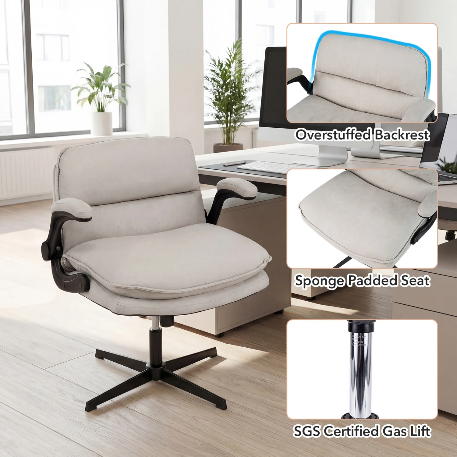 Criss Cross Chair With Flip-Up Arms Ergonomic Office Desk Chair, Beige - Image 9