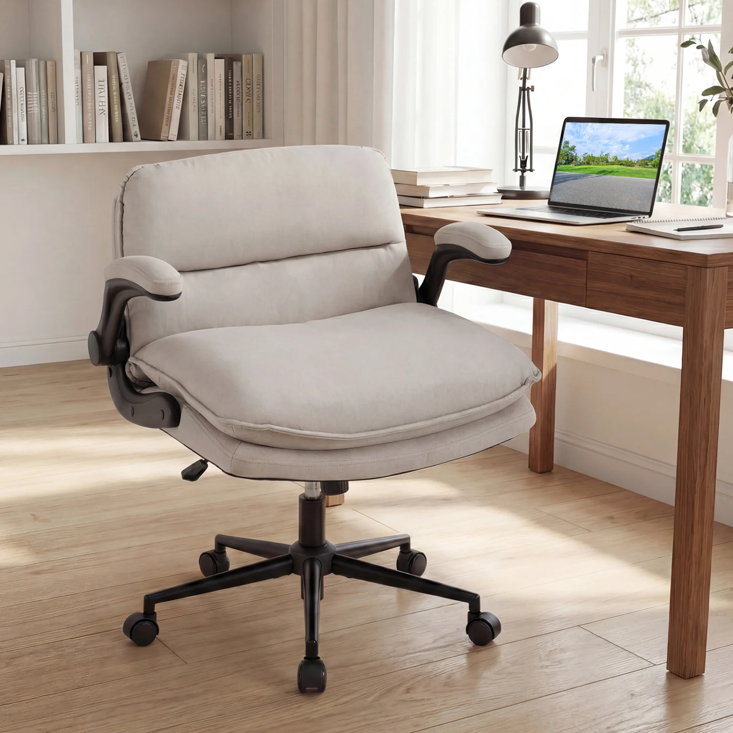 Criss Cross Chair With Wheels, Flip-Up Arms, Adjustable Height, Beige - Image 2