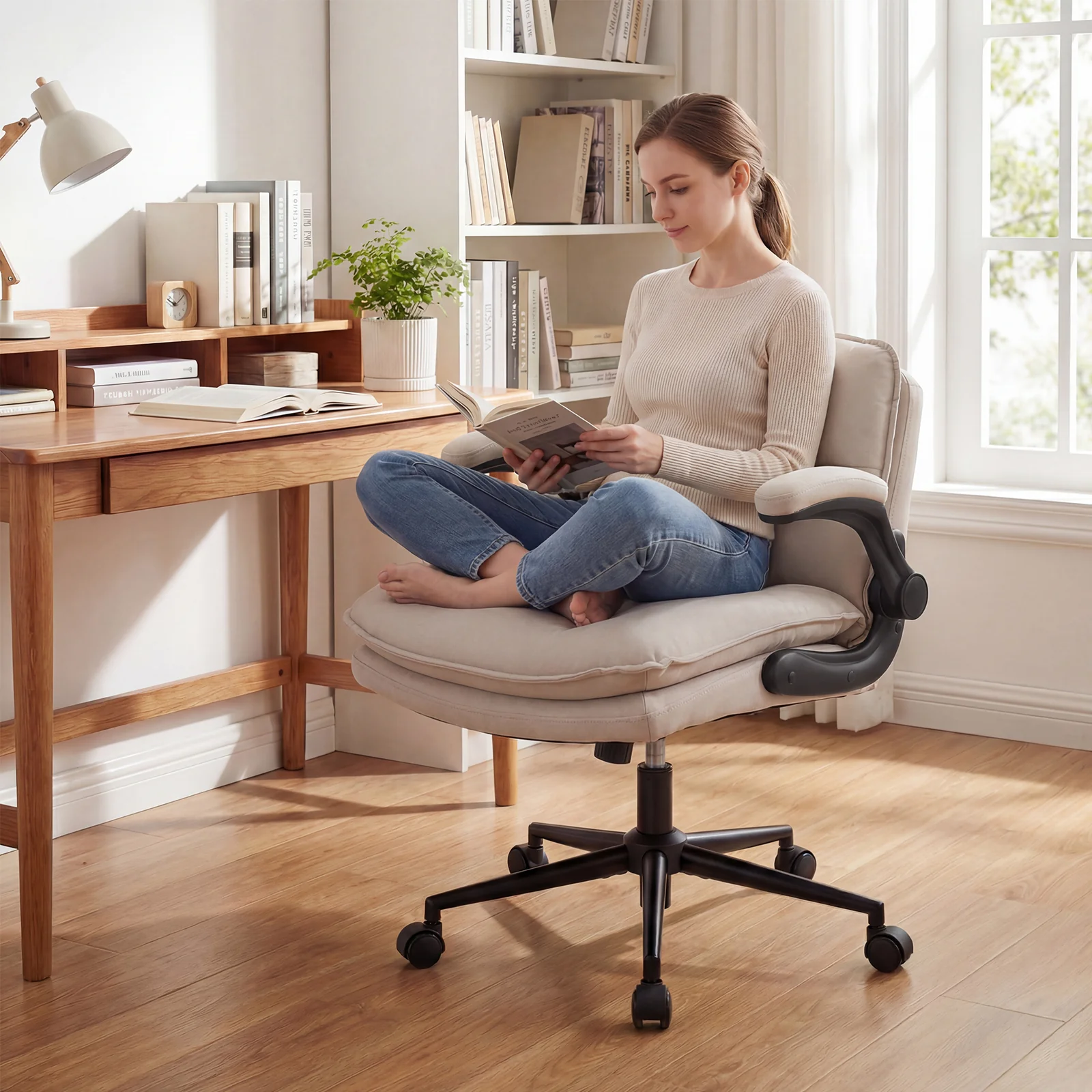 Criss Cross Chair With Wheels, Flip-Up Arms, Adjustable Height, Beige - Image 3