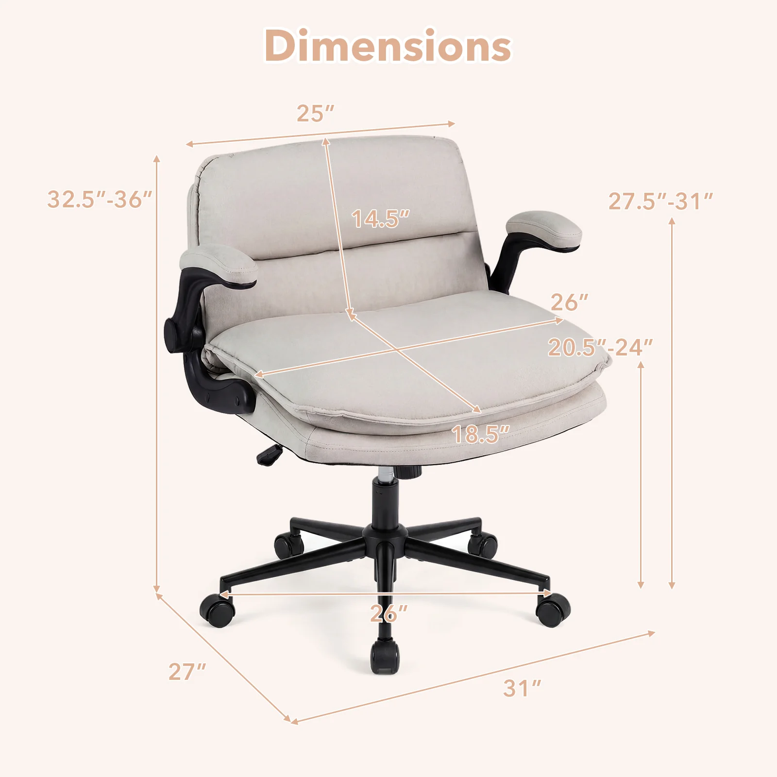 Criss Cross Chair With Wheels, Flip-Up Arms, Adjustable Height, Beige - Image 4