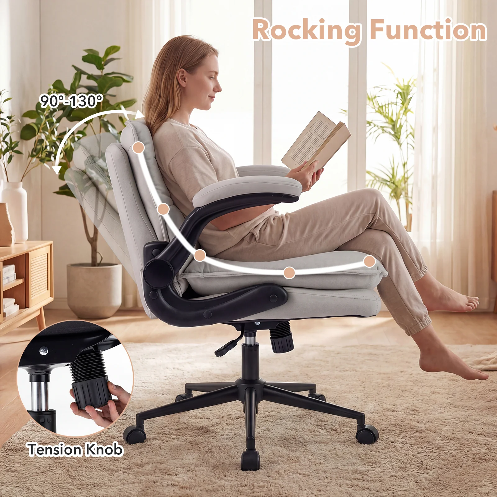 Criss Cross Chair With Wheels, Flip-Up Arms, Adjustable Height, Beige - Image 5