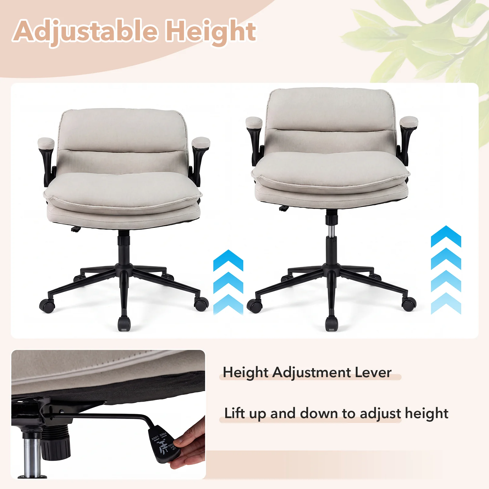 Criss Cross Chair With Wheels, Flip-Up Arms, Adjustable Height, Beige - Image 6