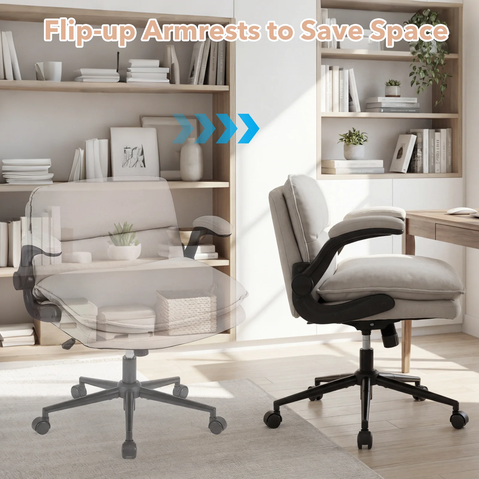 Criss Cross Chair With Wheels, Flip-Up Arms, Adjustable Height, Beige - Image 8