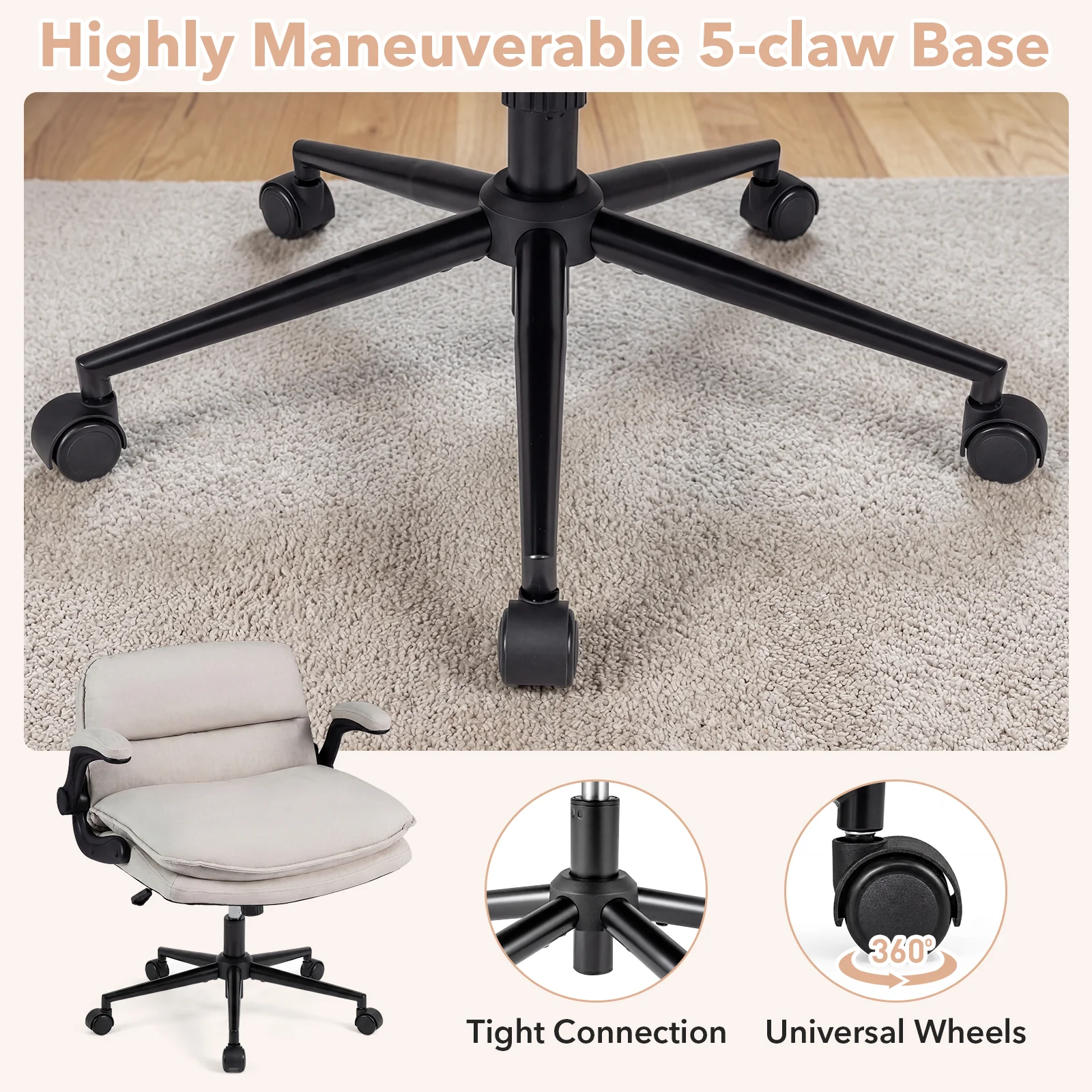 Criss Cross Chair With Wheels, Flip-Up Arms, Adjustable Height, Beige - Image 9