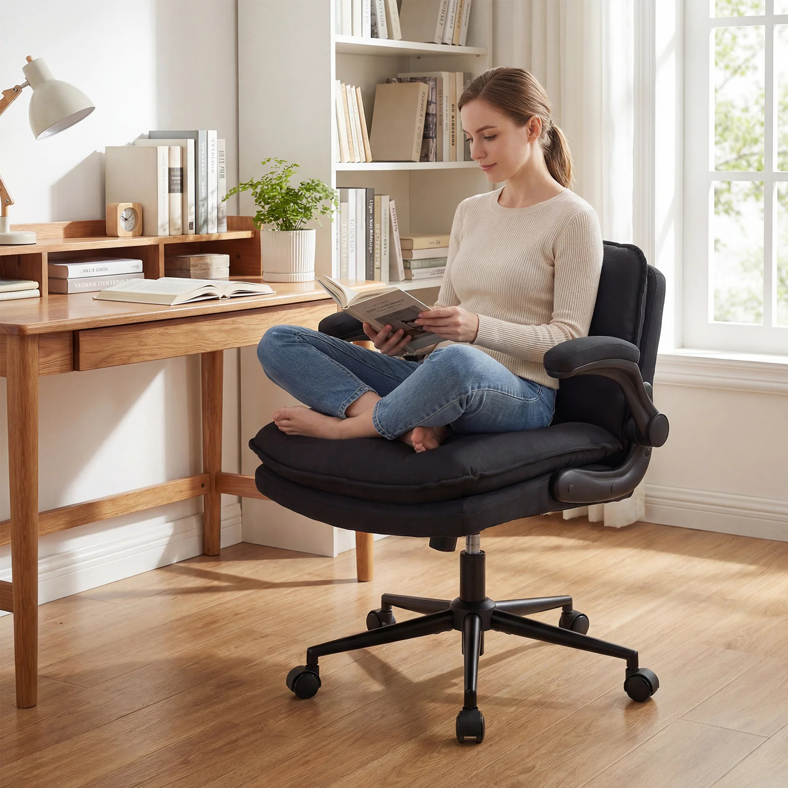 Criss Cross Chair With Wheels, Flip-Up Arms, Adjustable Height, Gray - Image 3