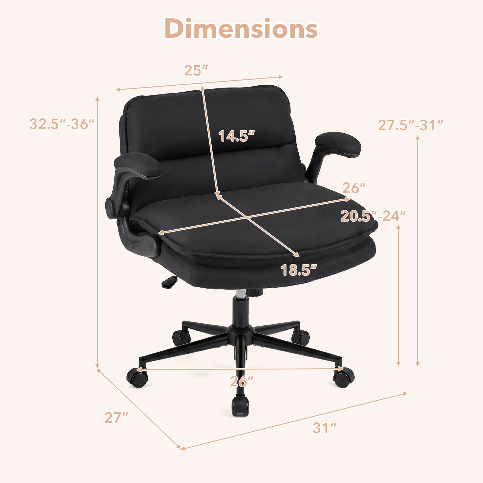 Criss Cross Chair With Wheels, Flip-Up Arms, Adjustable Height, Gray - Image 4
