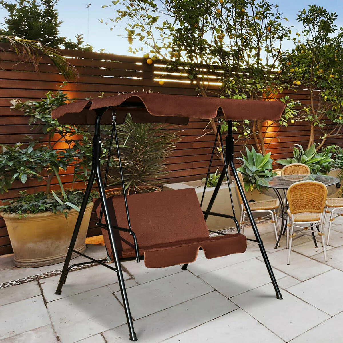 Cushioned Patio Swing Glider, Steel Frame, Brown - Image 2