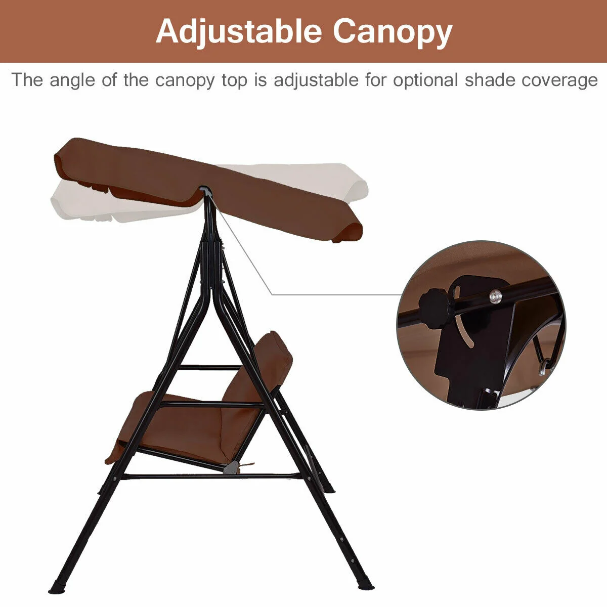 Cushioned Patio Swing Glider, Steel Frame, Brown - Image 7