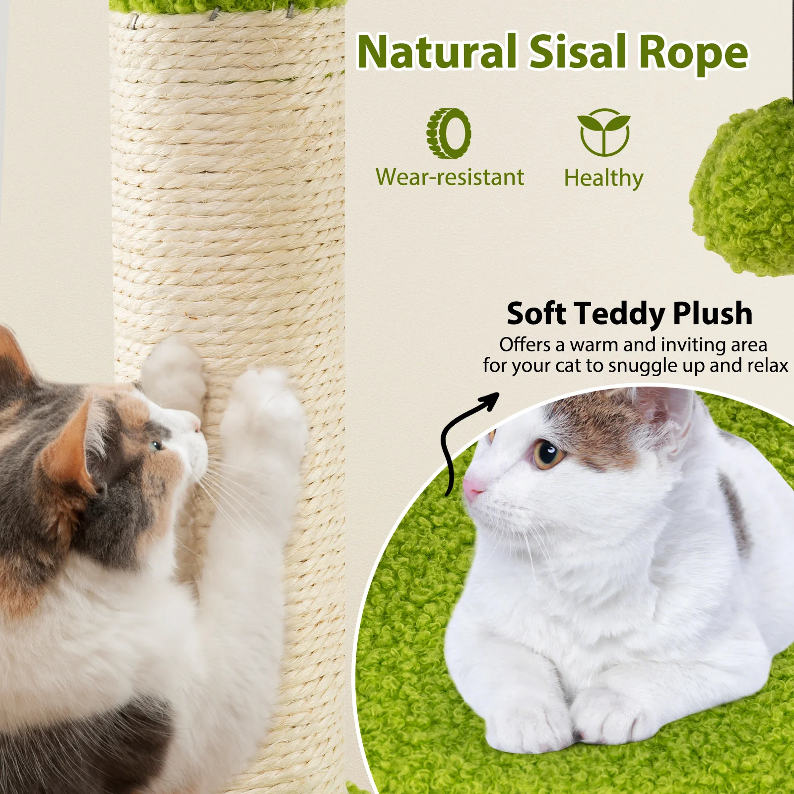 Cute Cat Tree for Adult Cats Multi-level Kitty Tower, Green - Image 7