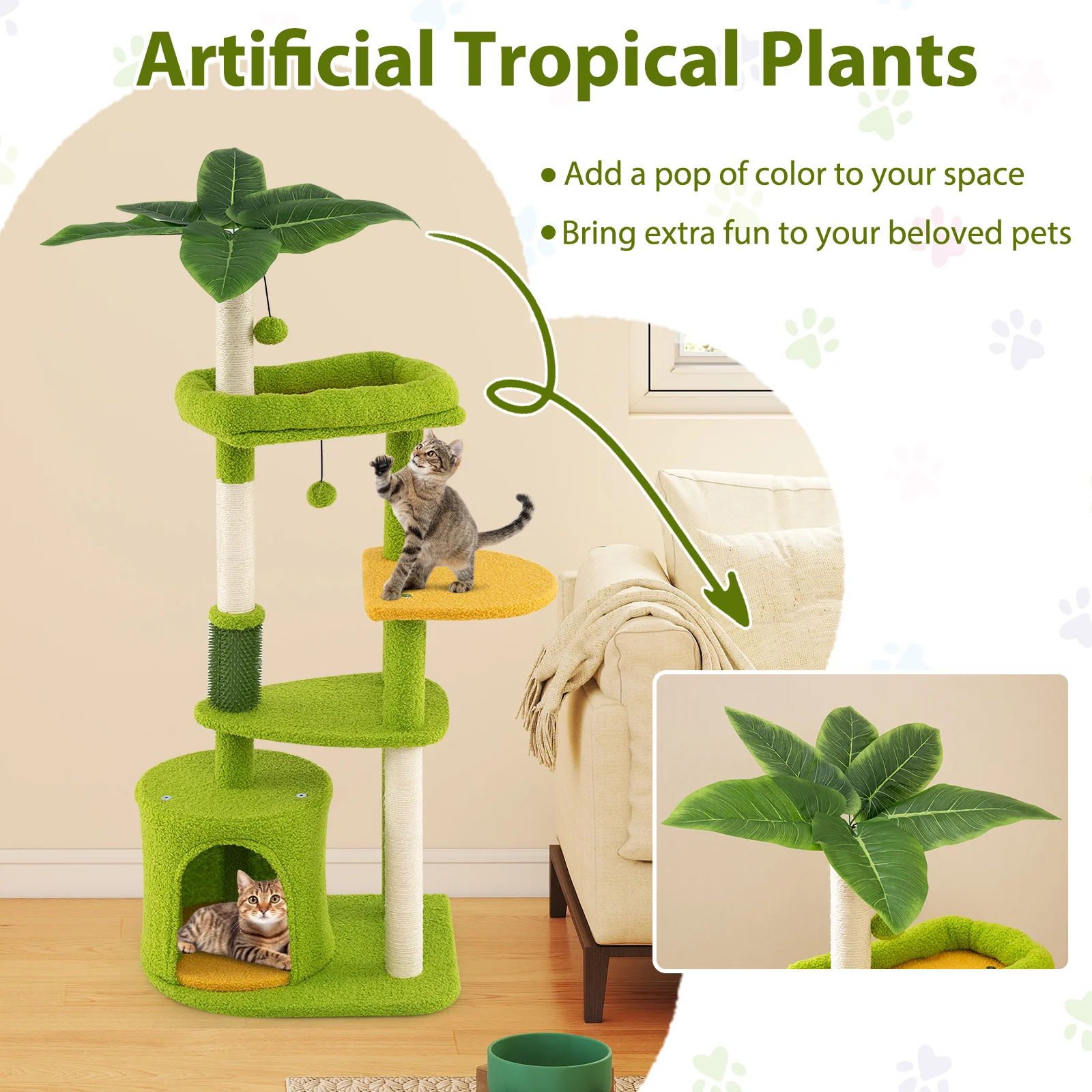 Cute Cat Tree for Adult Cats Multi-level Kitty Tower, Green - Image 9