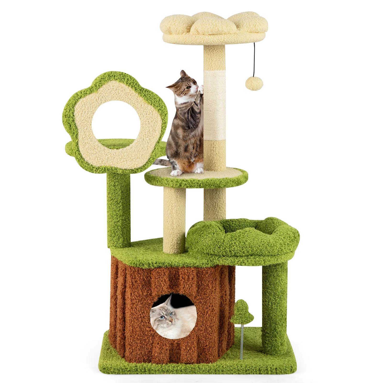 Cute Cat Tree for Adult Cats Multi-level Kitty Tower with Trunk Condo, Green