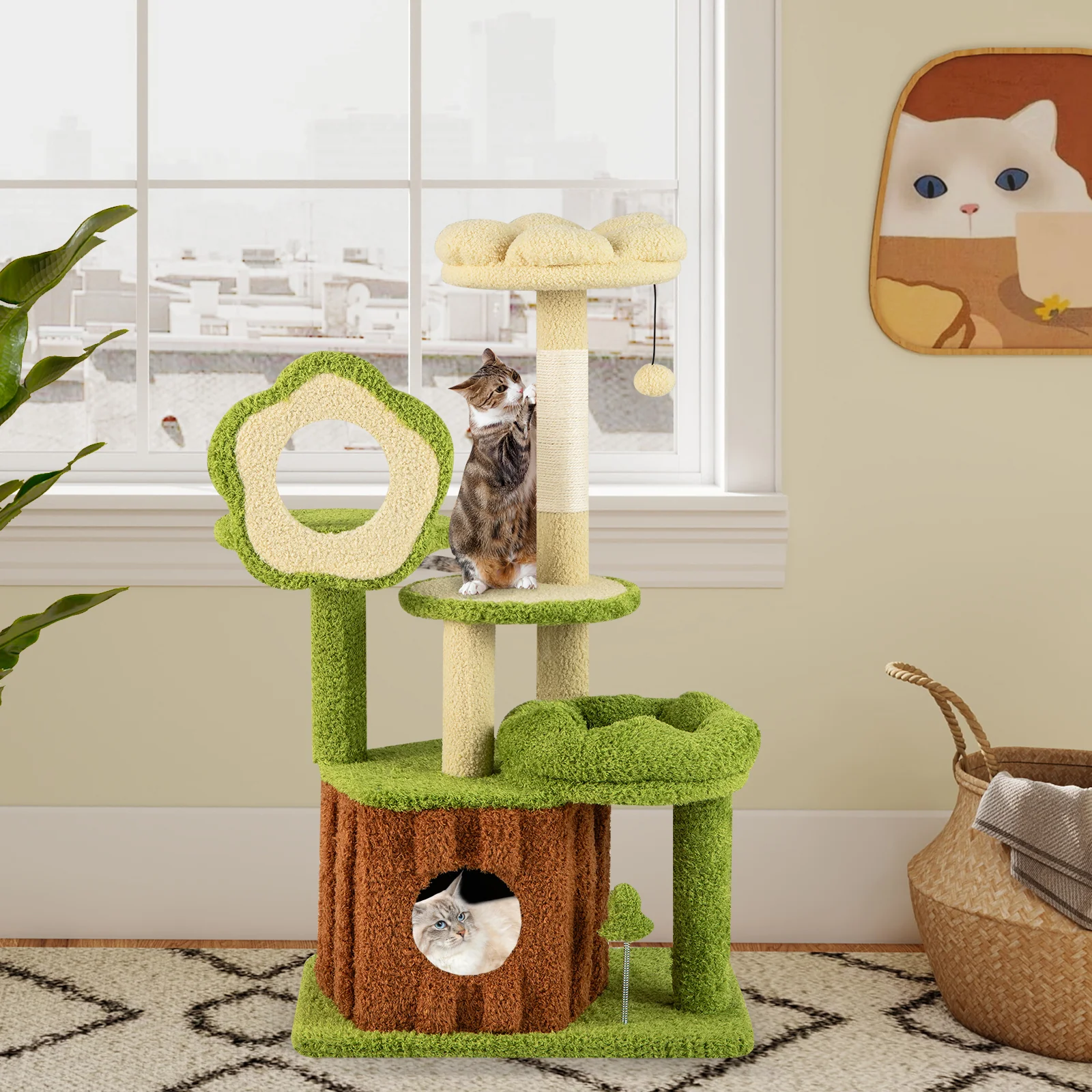 Cute Cat Tree for Adult Cats Multi-level Kitty Tower with Trunk Condo, Green - Image 2