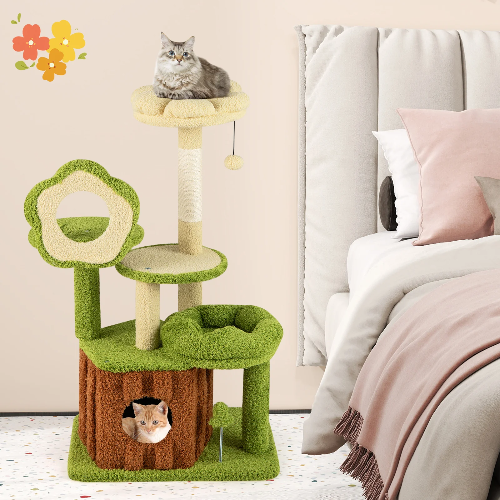 Cute Cat Tree for Adult Cats Multi-level Kitty Tower with Trunk Condo, Green - Image 3