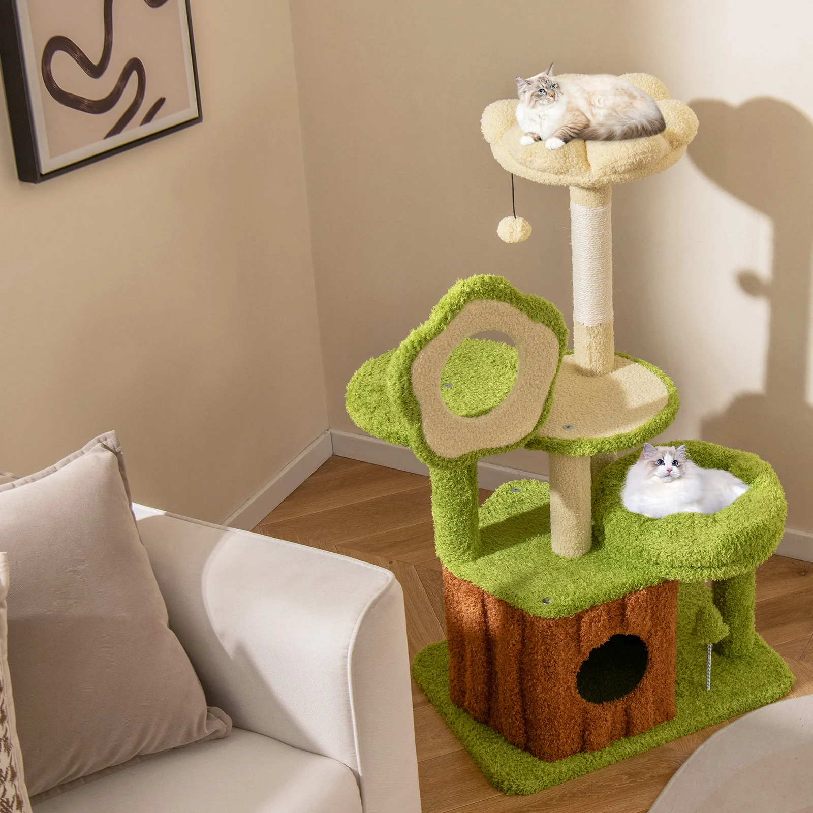 Cute Cat Tree for Adult Cats Multi-level Kitty Tower with Trunk Condo, Green - Image 5