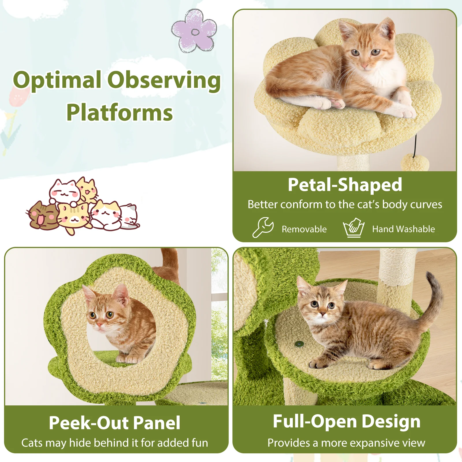 Cute Cat Tree for Adult Cats Multi-level Kitty Tower with Trunk Condo, Green - Image 6
