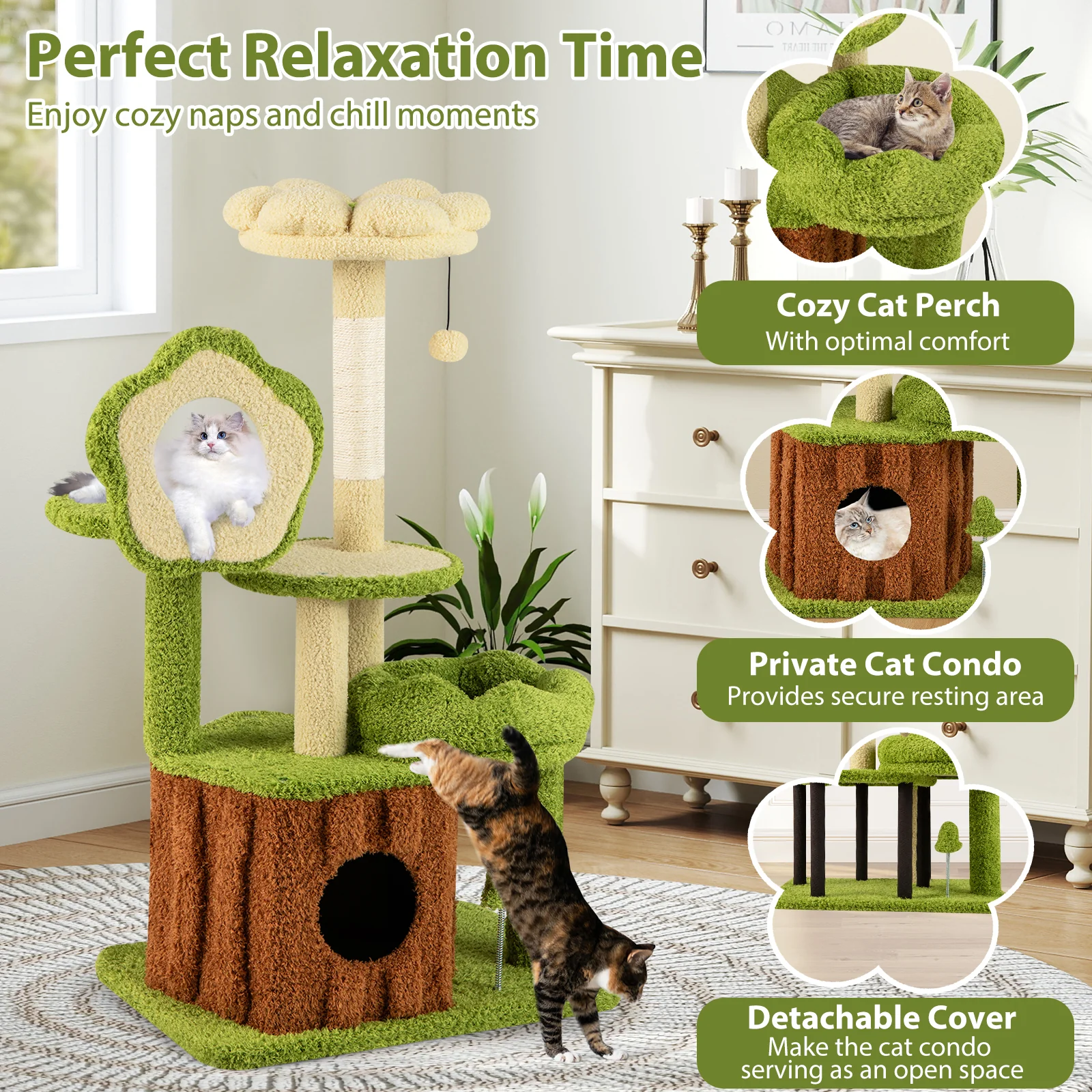 Cute Cat Tree for Adult Cats Multi-level Kitty Tower with Trunk Condo, Green - Image 7