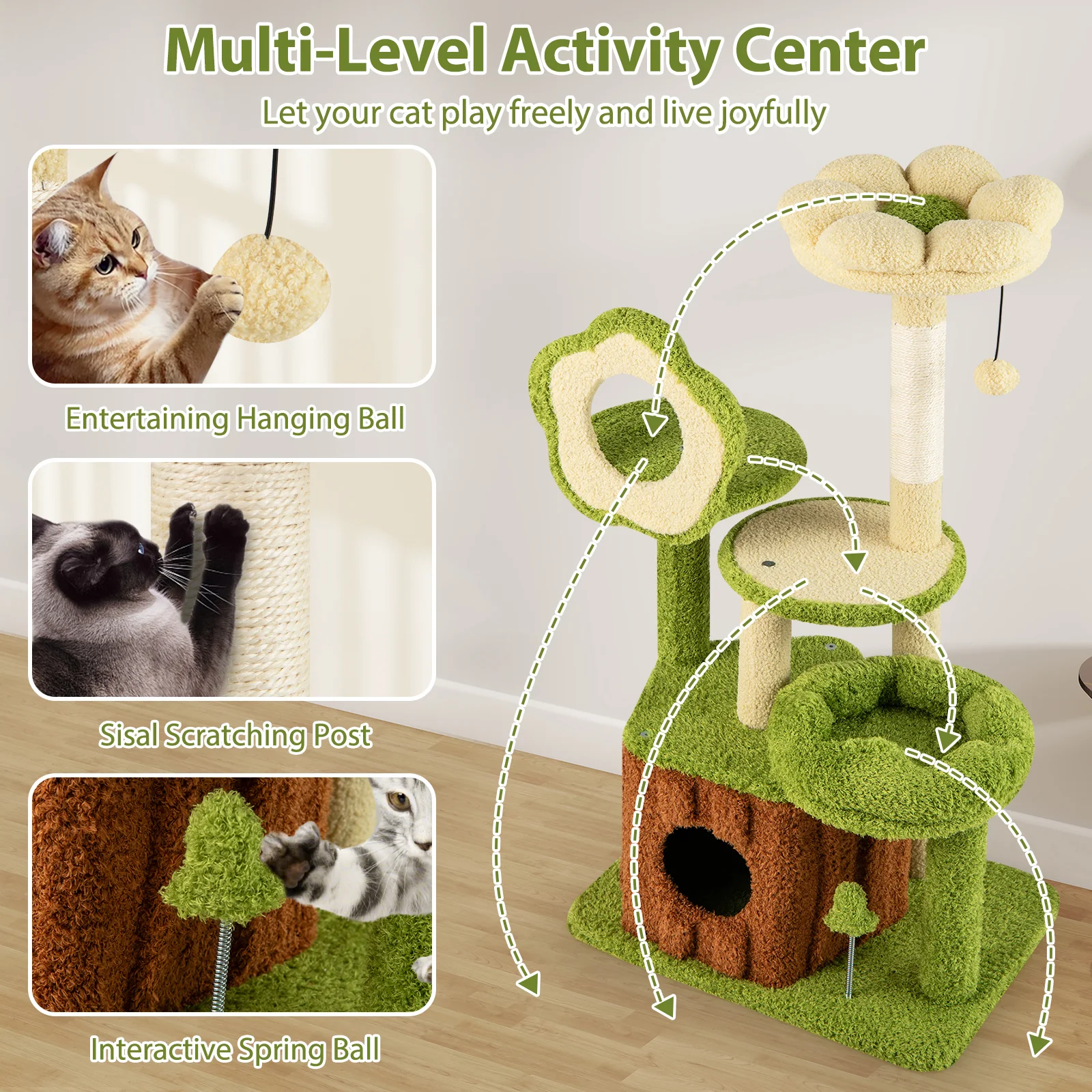 Cute Cat Tree for Adult Cats Multi-level Kitty Tower with Trunk Condo, Green - Image 8