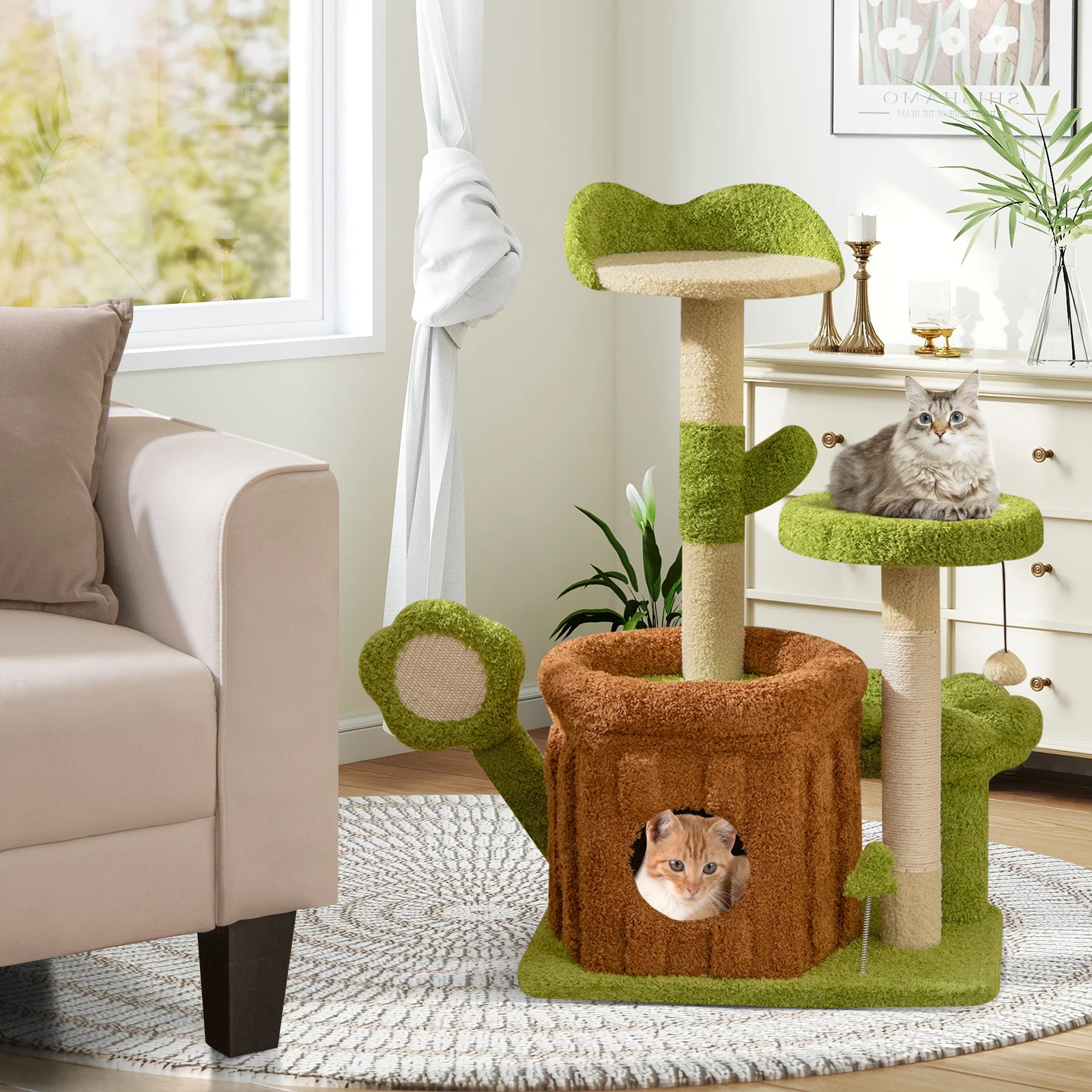 Cute Cat Tree Indoor Pet Jungle Activity Center, Green - Image 3