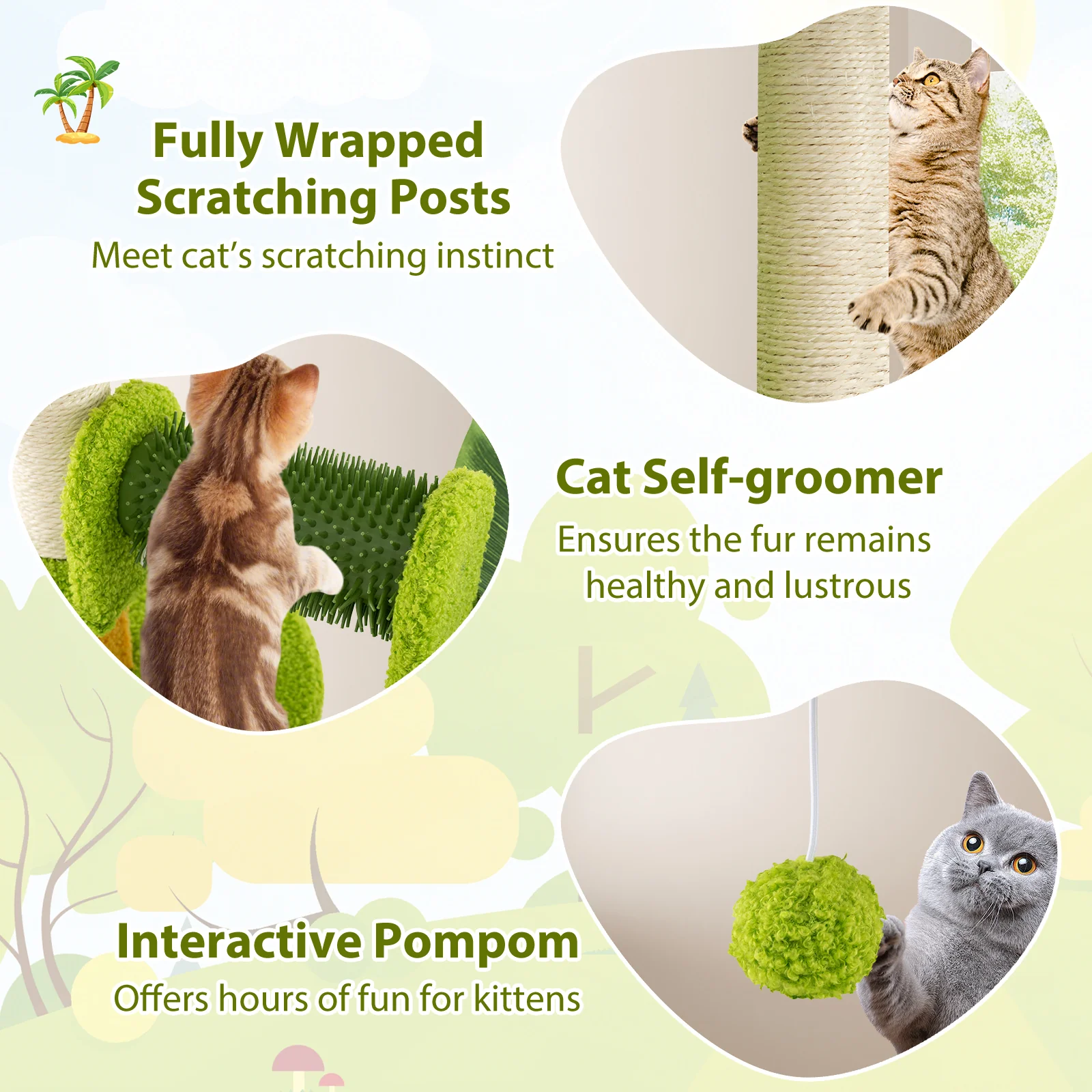 Cute Palm Cat Tree for Indoor Cats with Artificial Leaves, Green - Image 10
