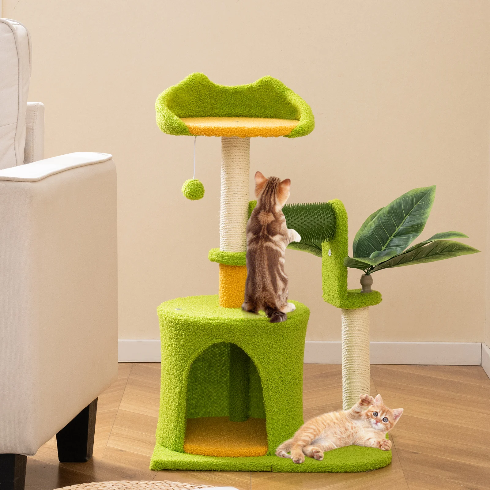 Cute Palm Cat Tree for Indoor Cats with Artificial Leaves, Green - Image 2