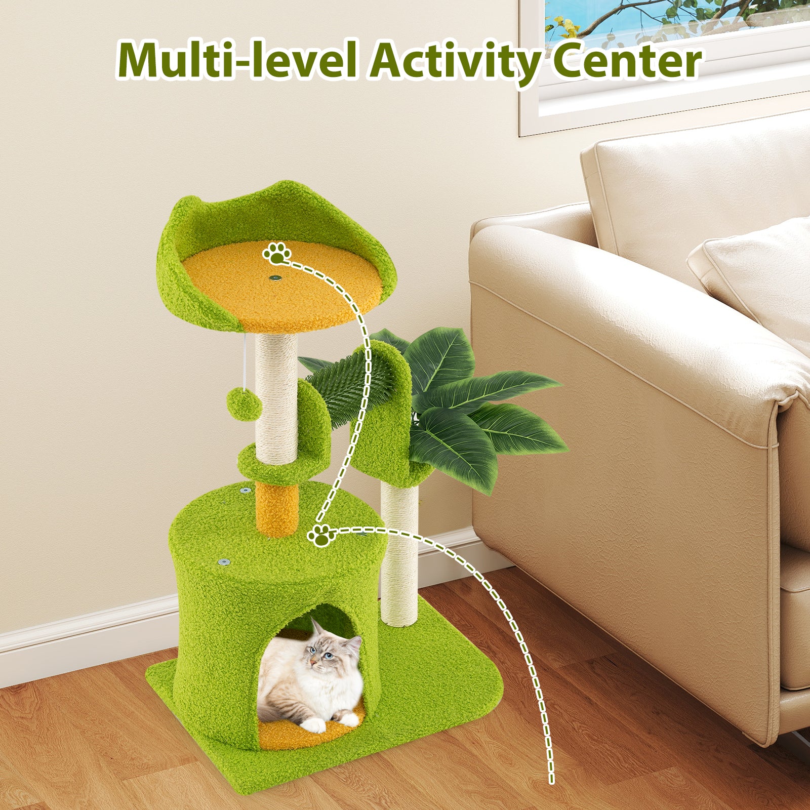 Cute Palm Cat Tree for Indoor Cats with Artificial Leaves, Green - Image 5