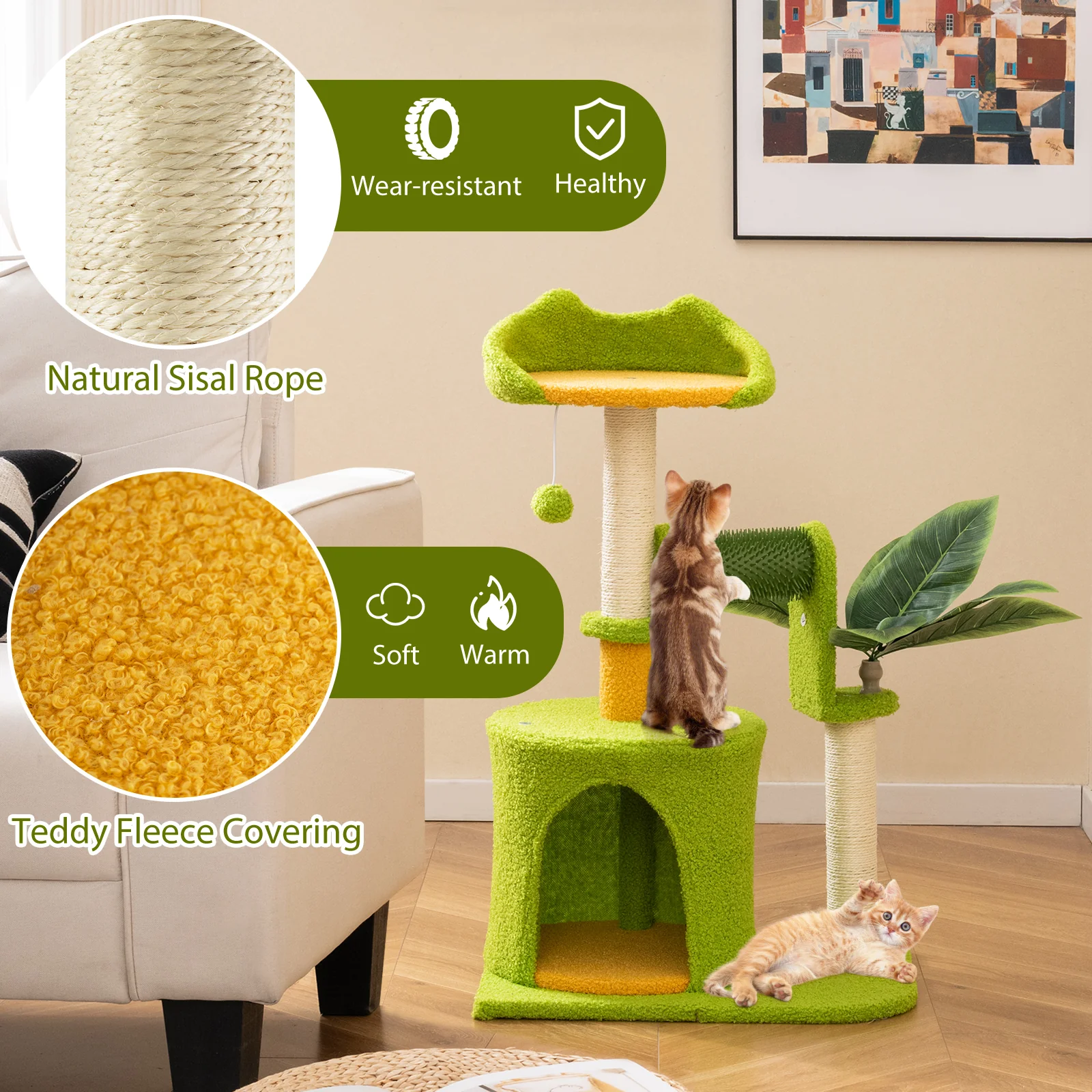 Cute Palm Cat Tree for Indoor Cats with Artificial Leaves, Green - Image 7