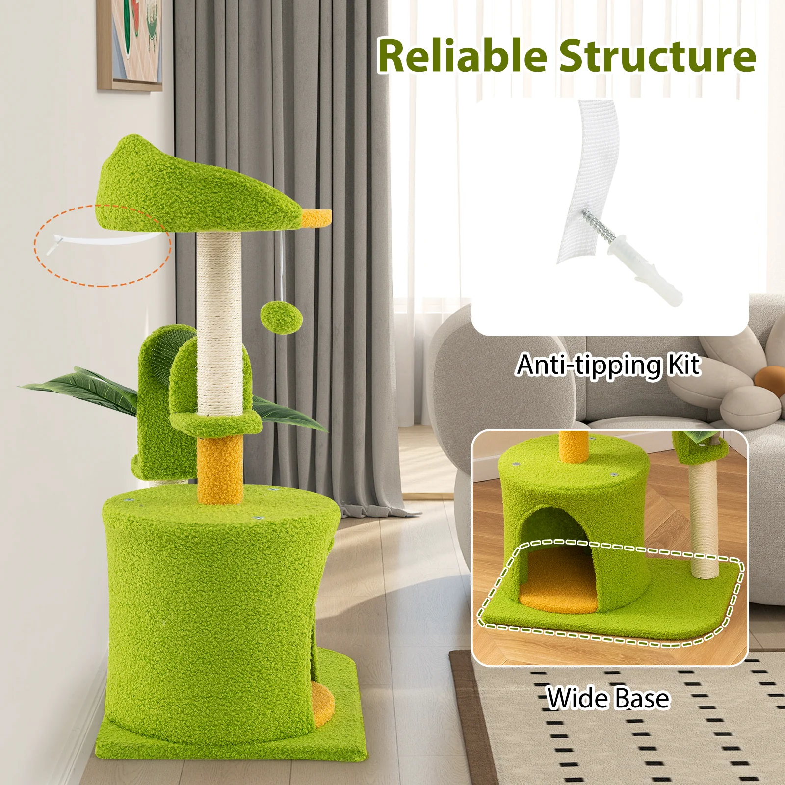 Cute Palm Cat Tree for Indoor Cats with Artificial Leaves, Green - Image 8