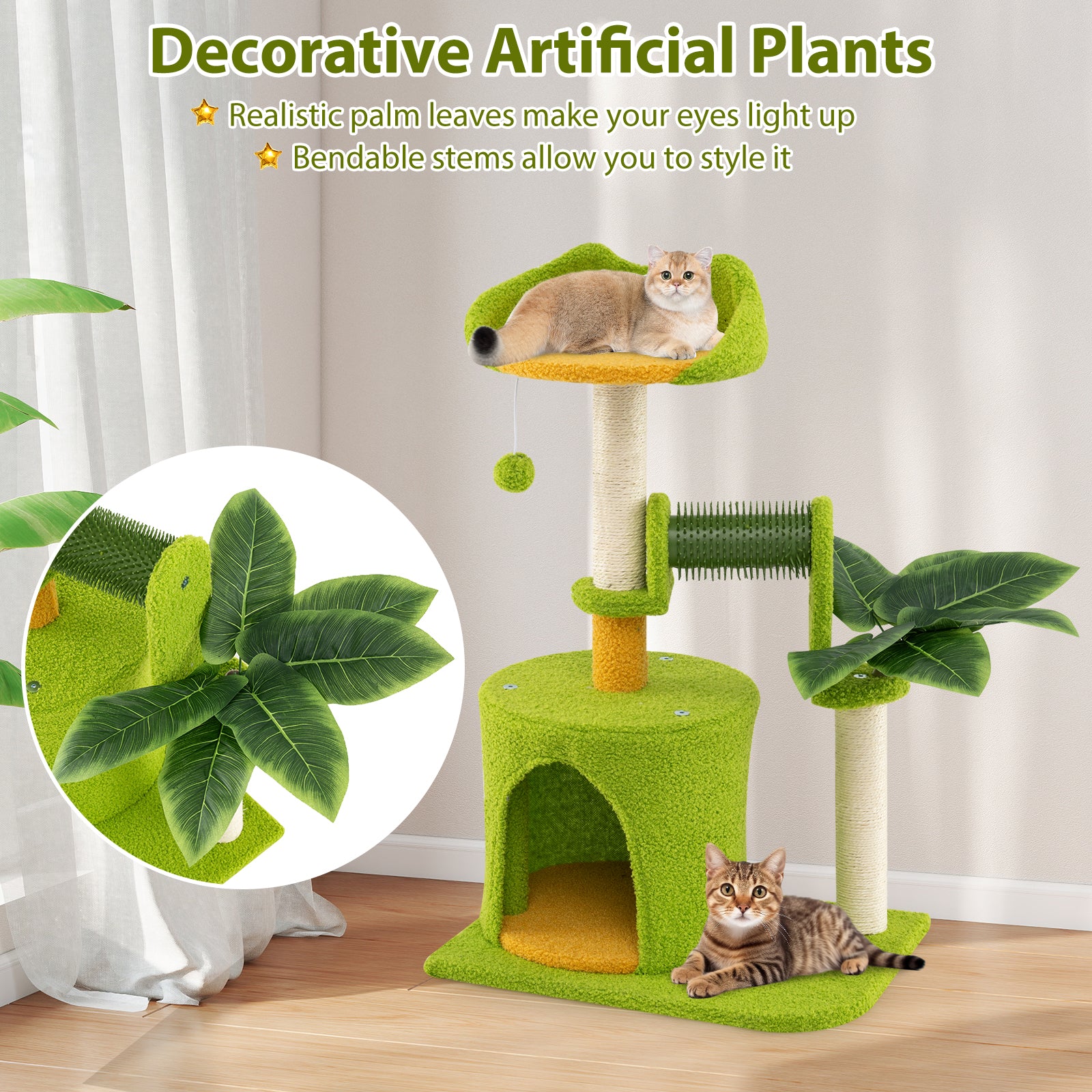 Cute Palm Cat Tree for Indoor Cats with Artificial Leaves, Green - Image 9
