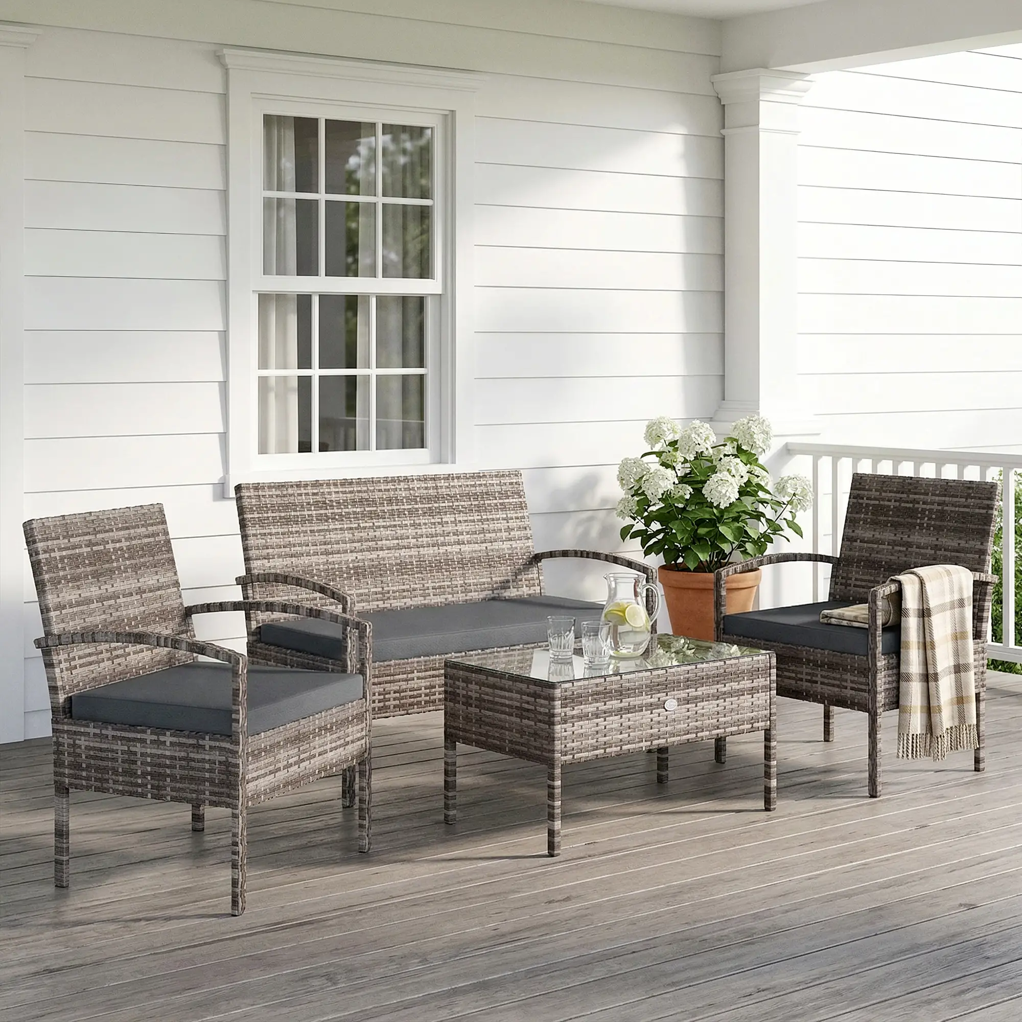 4-Piece Patio Furniture Set, Loveseat, 2 Armchairs, Coffee Table, Dark Grey - Image 2