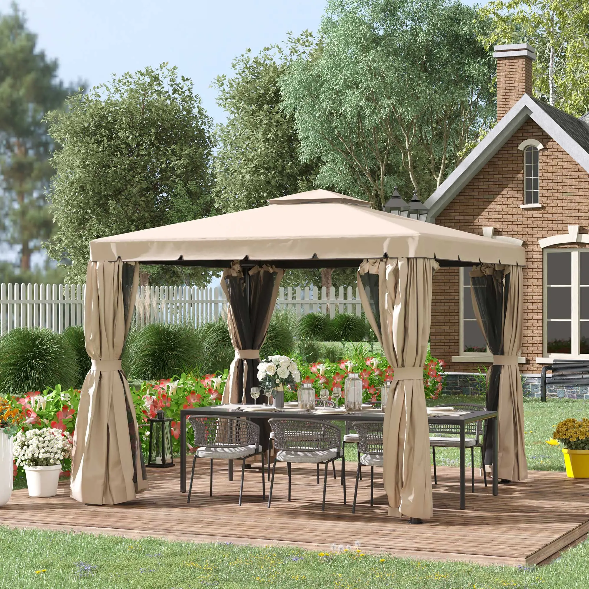 Deck Gazebo with Curtains, Mesh Screen, 10ft x 10ft, Khaki - Image 2