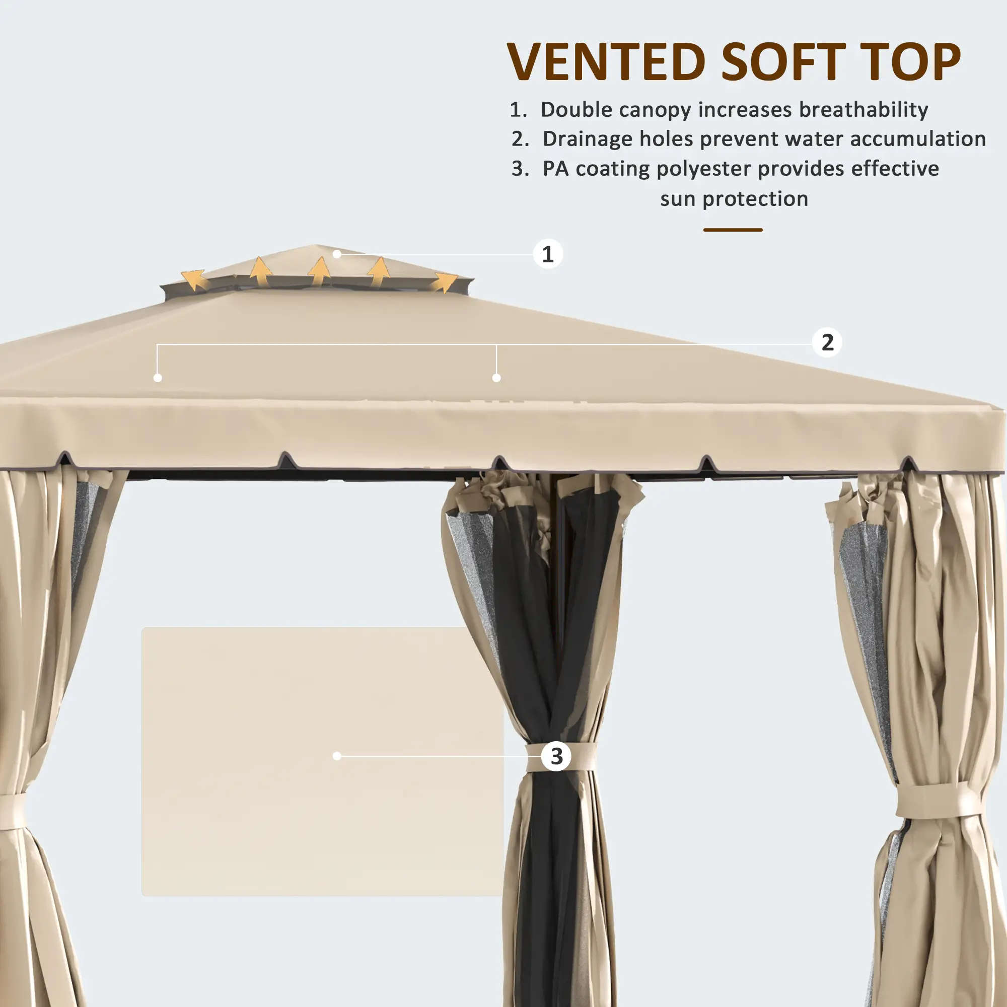 Deck Gazebo with Curtains, Mesh Screen, 10ft x 10ft, Khaki - Image 4