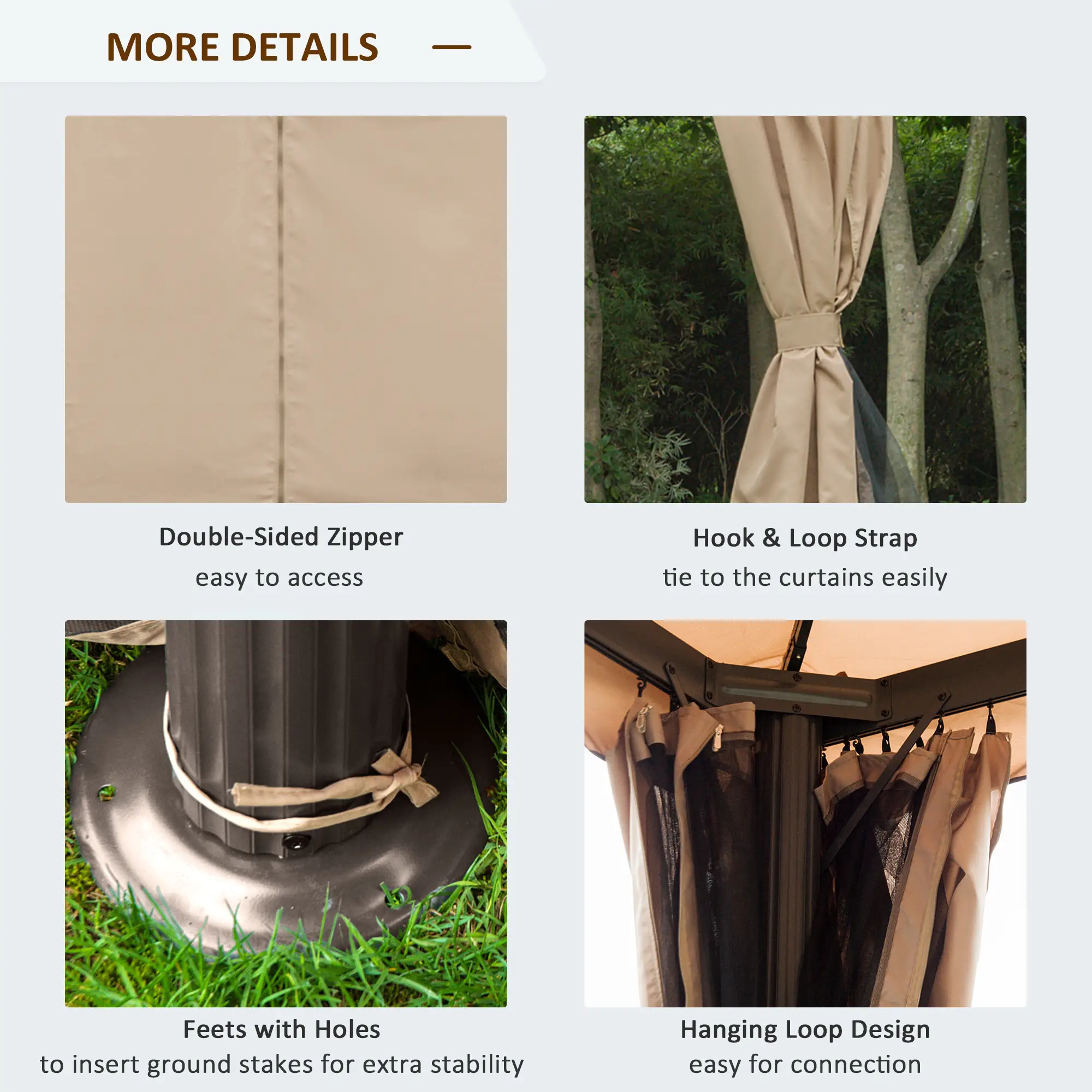 Deck Gazebo with Curtains, Mesh Screen, 10ft x 10ft, Khaki - Image 5