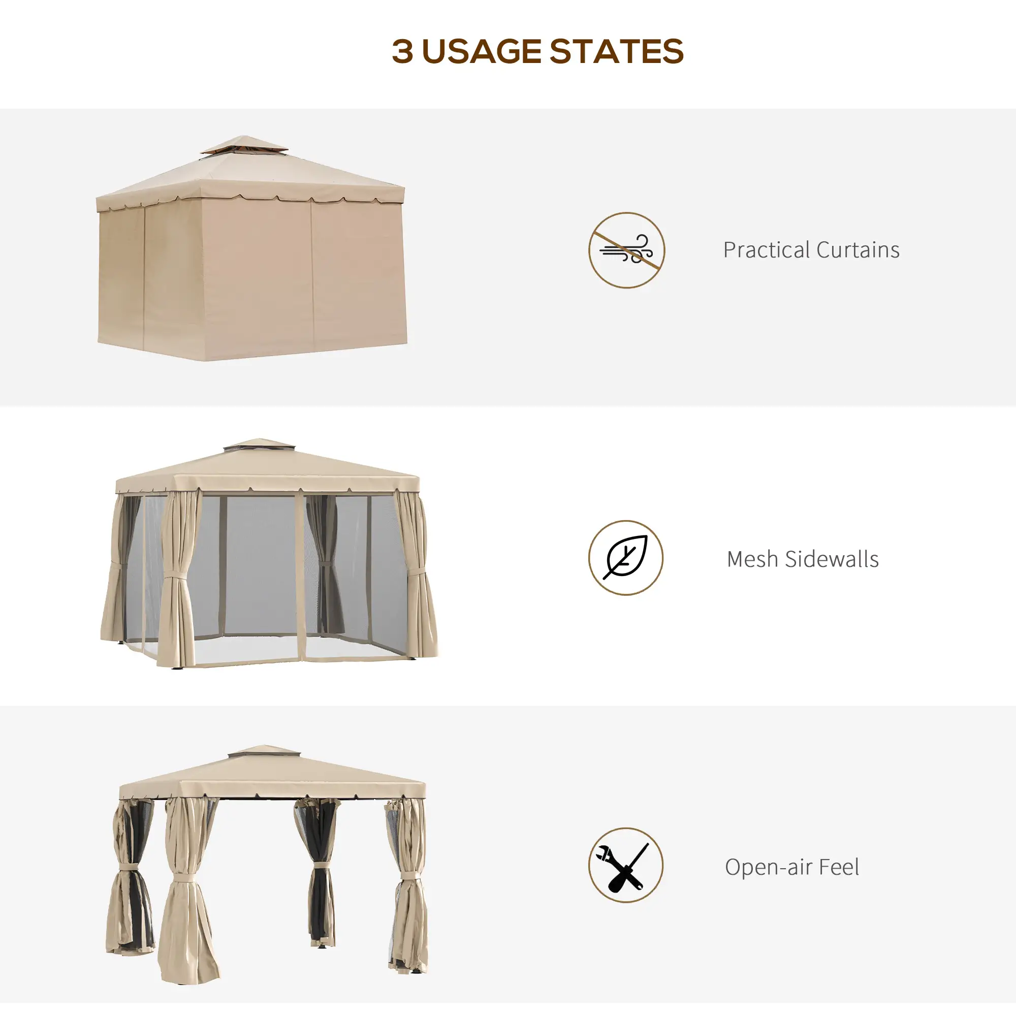 Deck Gazebo with Curtains, Mesh Screen, 10ft x 10ft, Khaki - Image 6