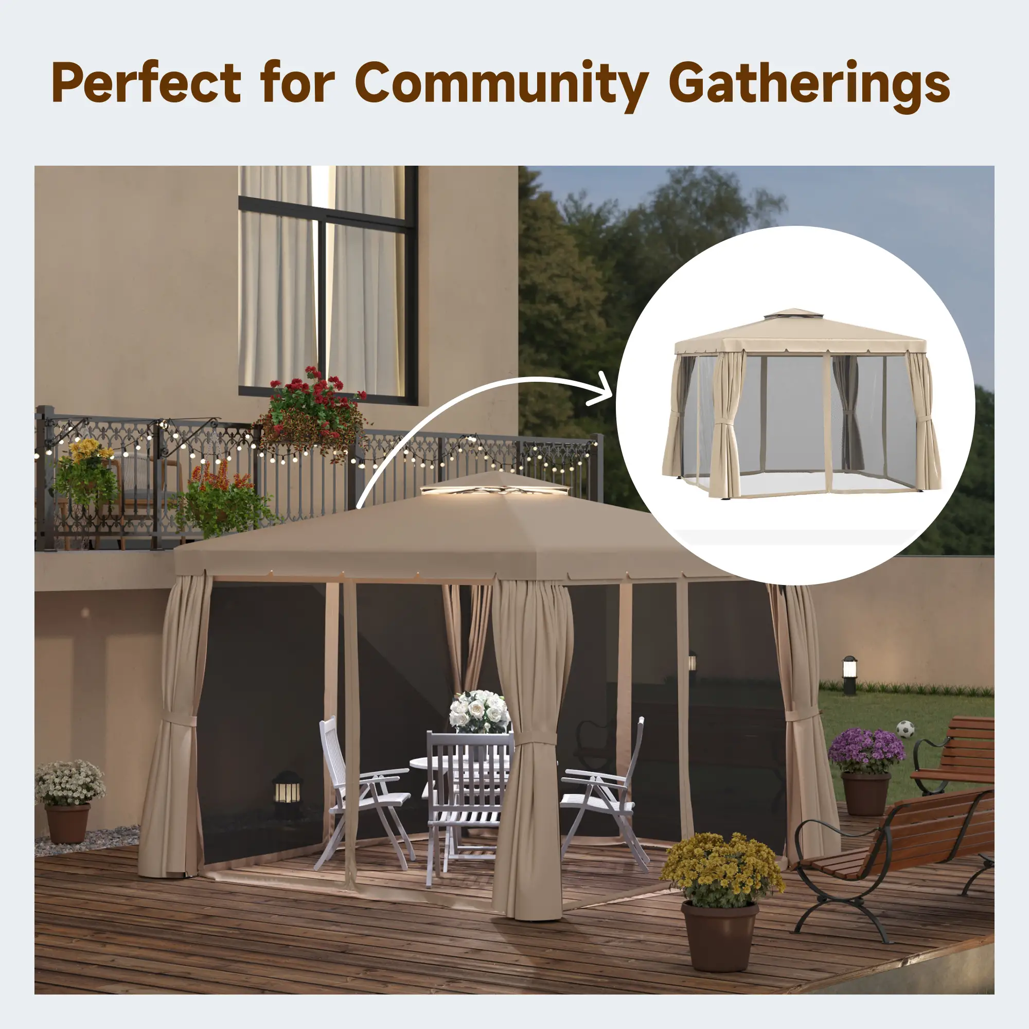 Deck Gazebo with Curtains, Mesh Screen, 10ft x 10ft, Khaki - Image 7