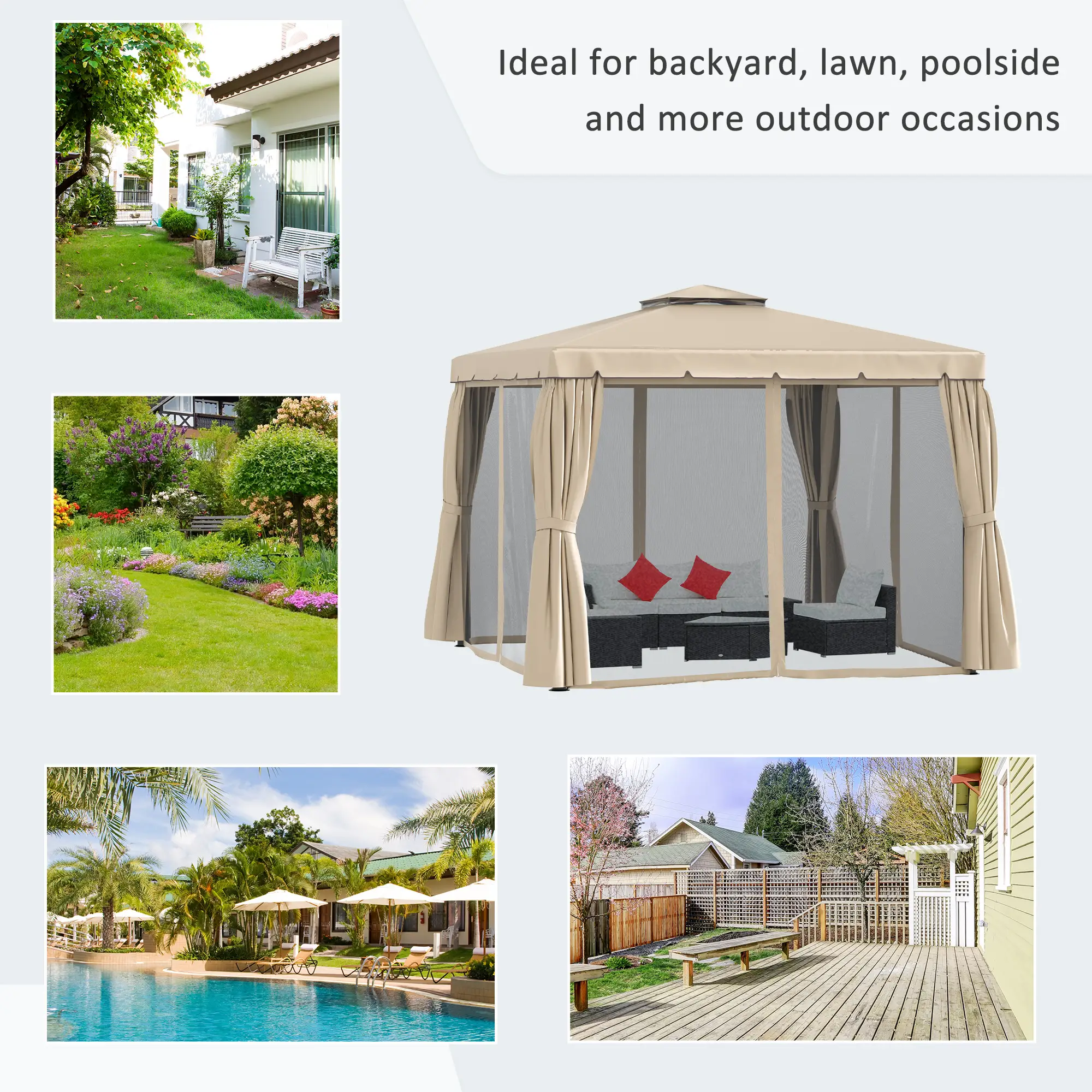 Deck Gazebo with Curtains, Mesh Screen, 10ft x 10ft, Khaki - Image 8