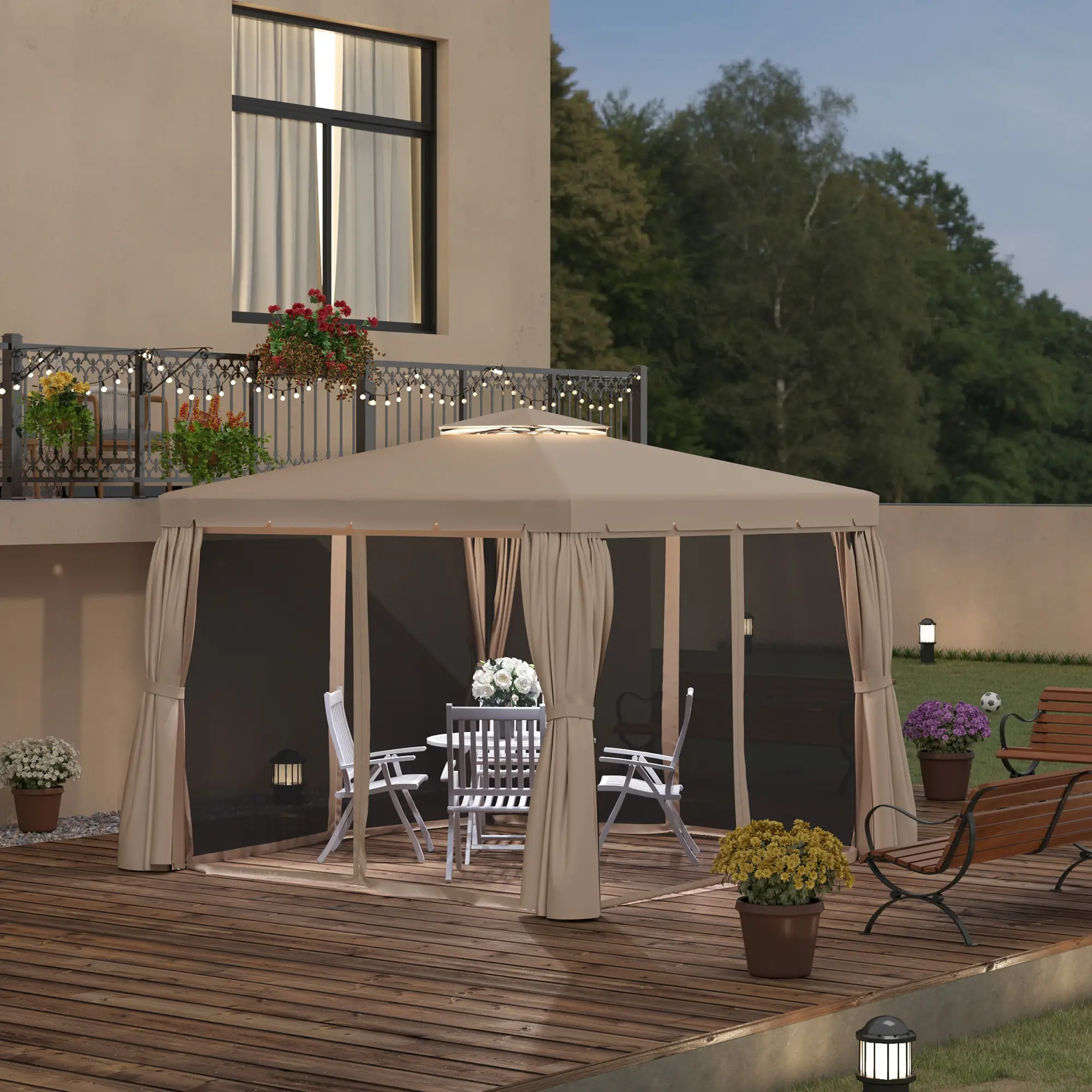 Deck Gazebo with Curtains, Mesh Screen, 10ft x 10ft, Khaki - Image 9
