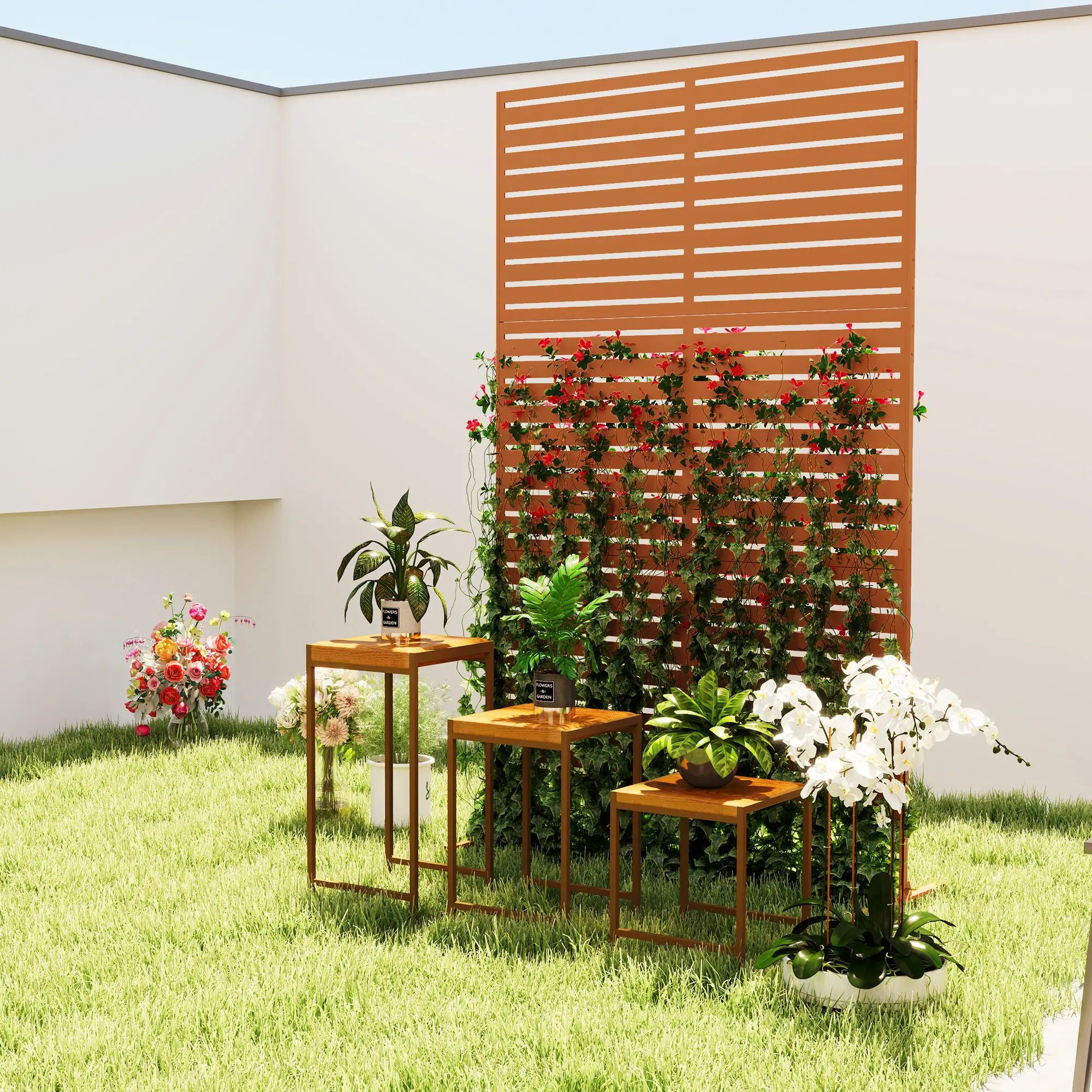 Decorative Outdoor Privacy Panel, Freestanding Metal Divider, Brown - Image 9