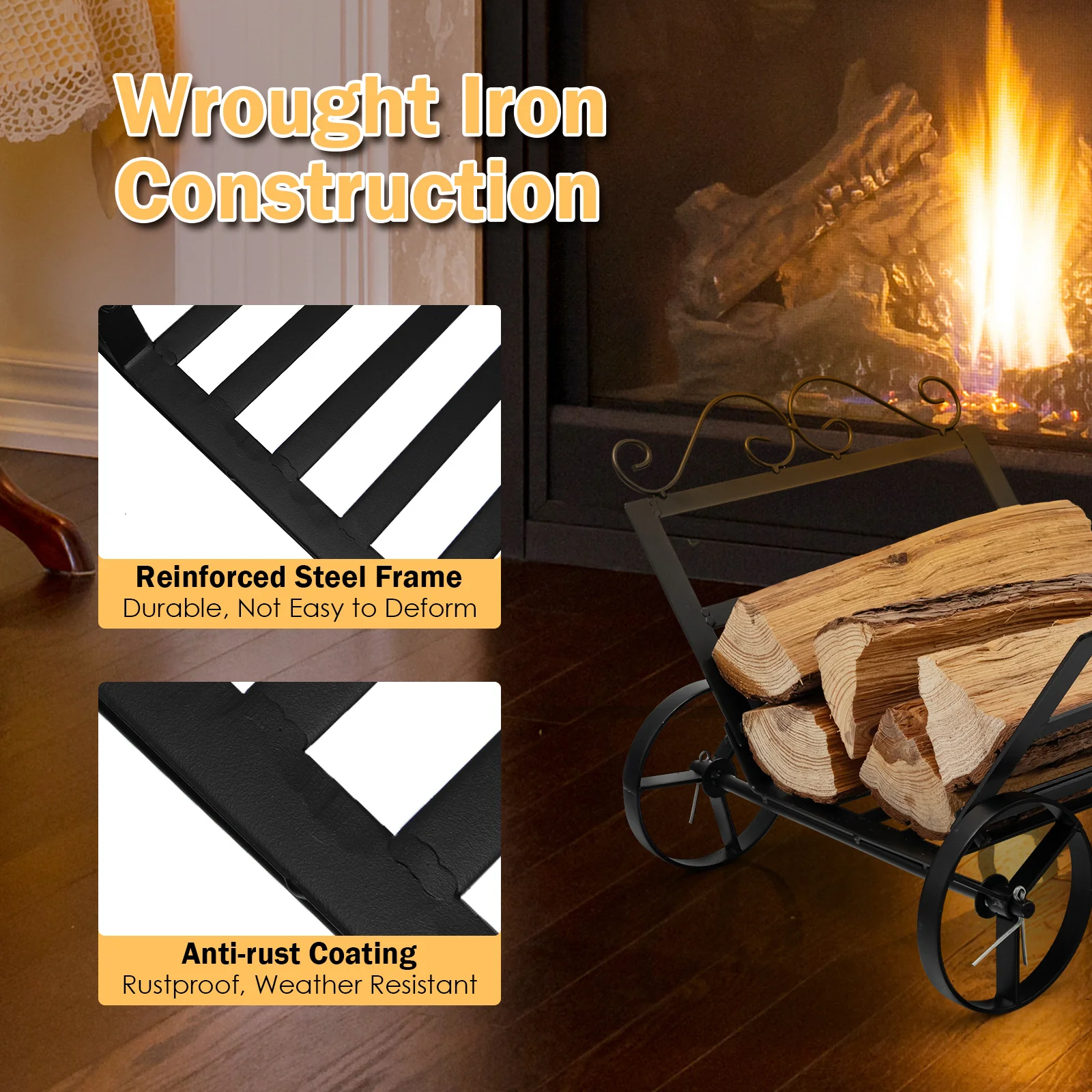 Decorative Rustproof Steel Firewood Rack With Wheels, Black - Image 10