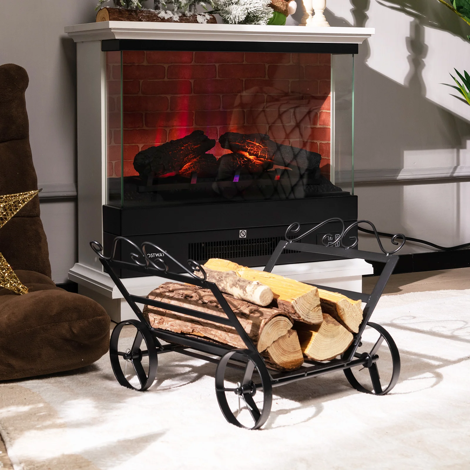 Decorative Rustproof Steel Firewood Rack With Wheels, Black - Image 3