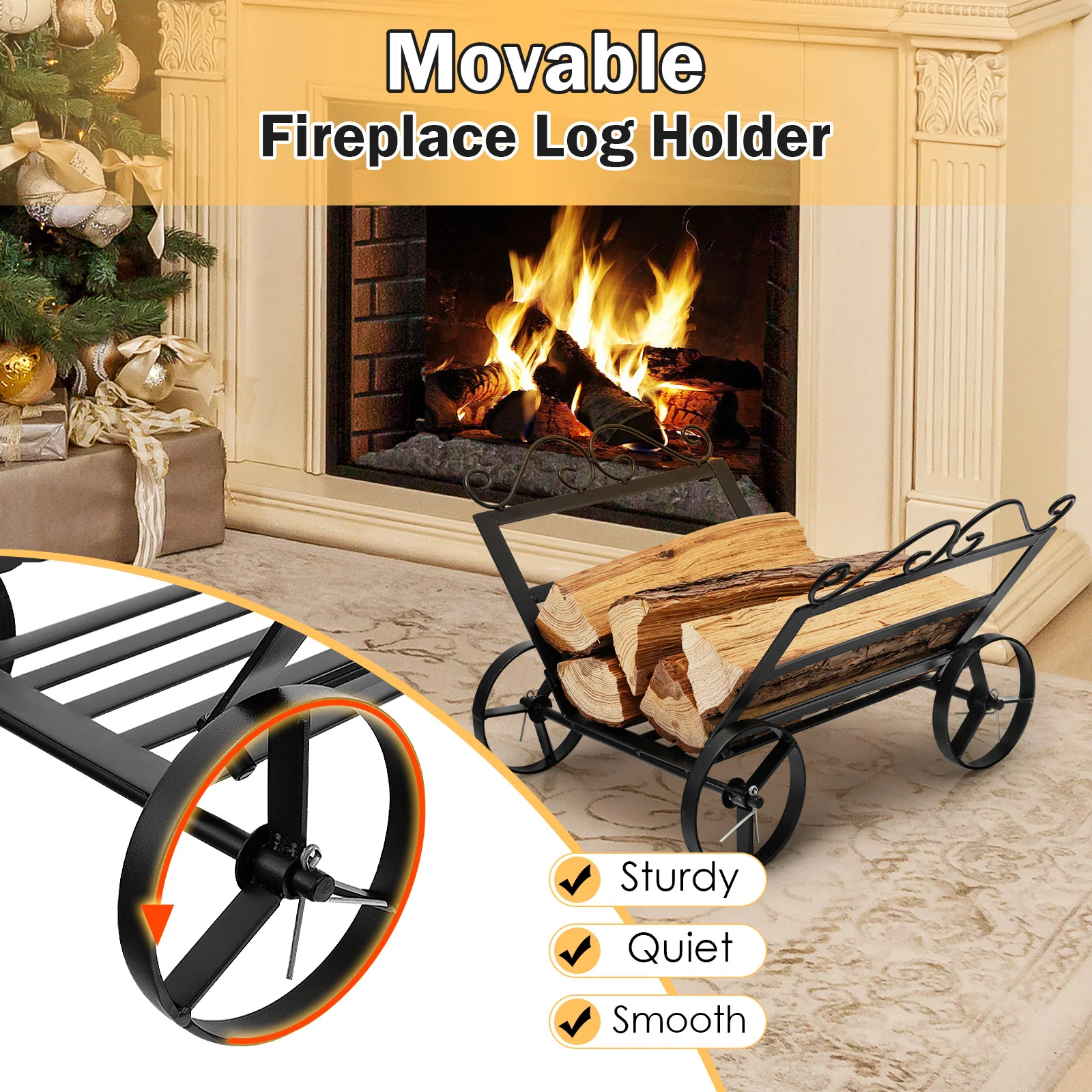 Decorative Rustproof Steel Firewood Rack With Wheels, Black - Image 4