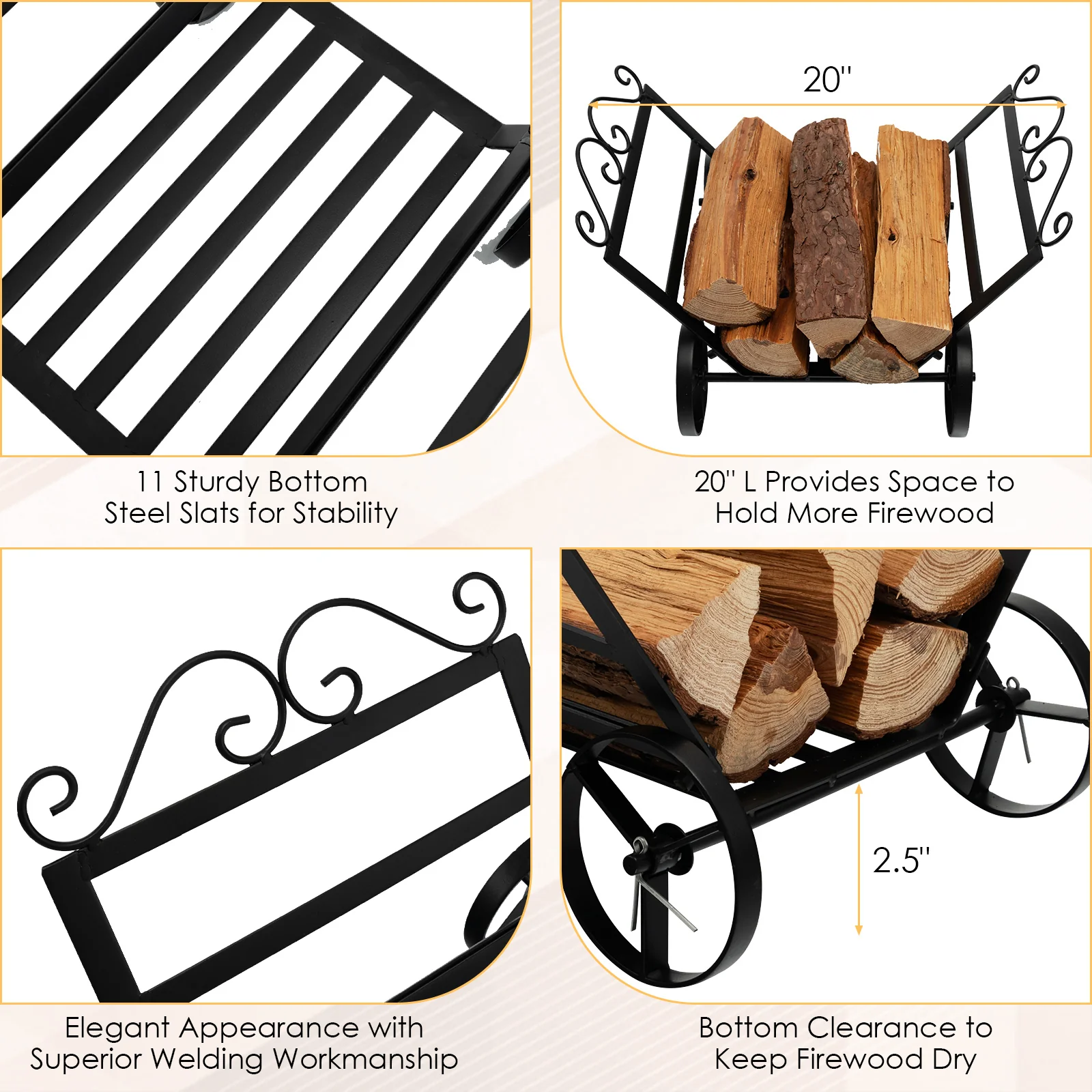 Decorative Rustproof Steel Firewood Rack With Wheels, Black - Image 6