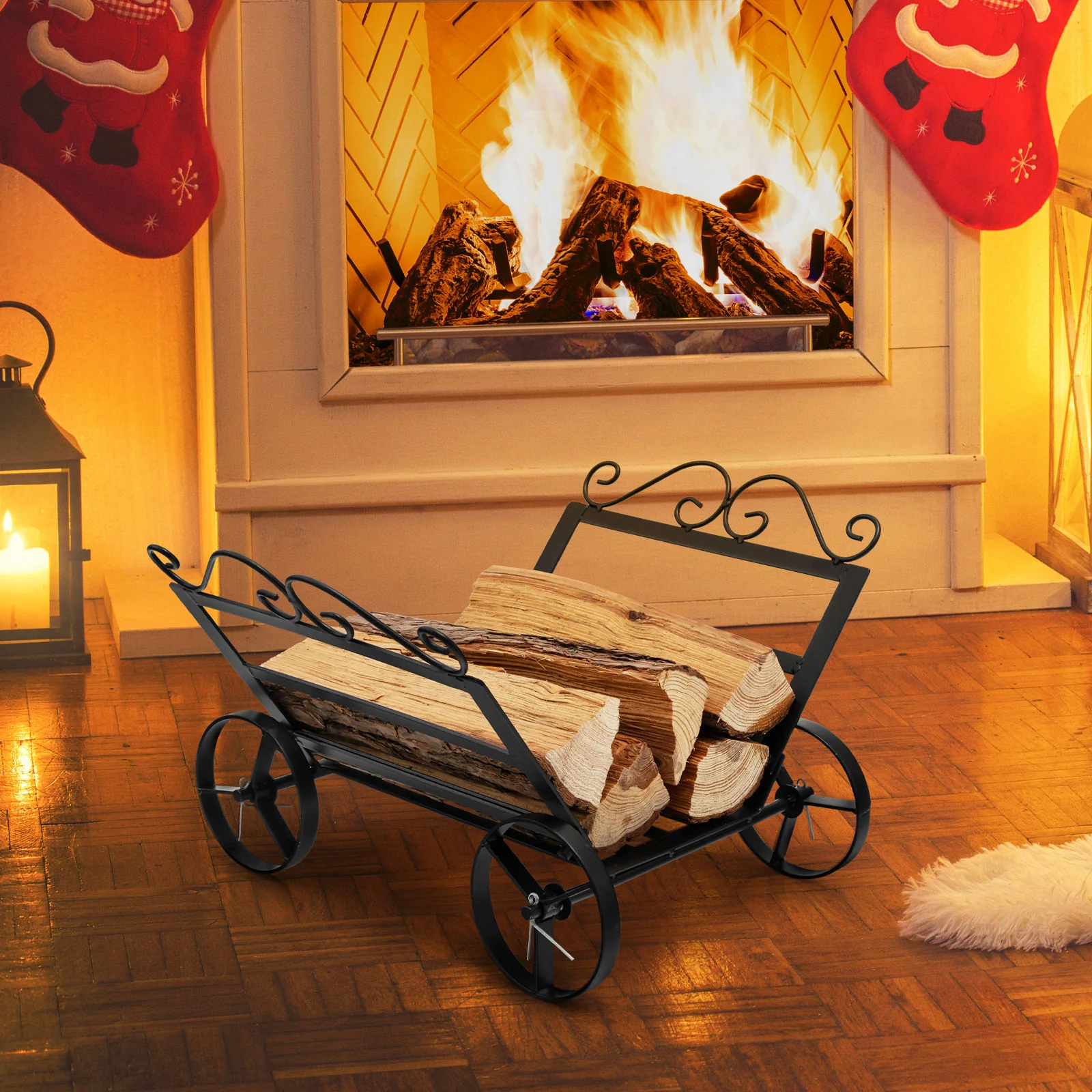 Decorative Rustproof Steel Firewood Rack With Wheels, Black - Image 7