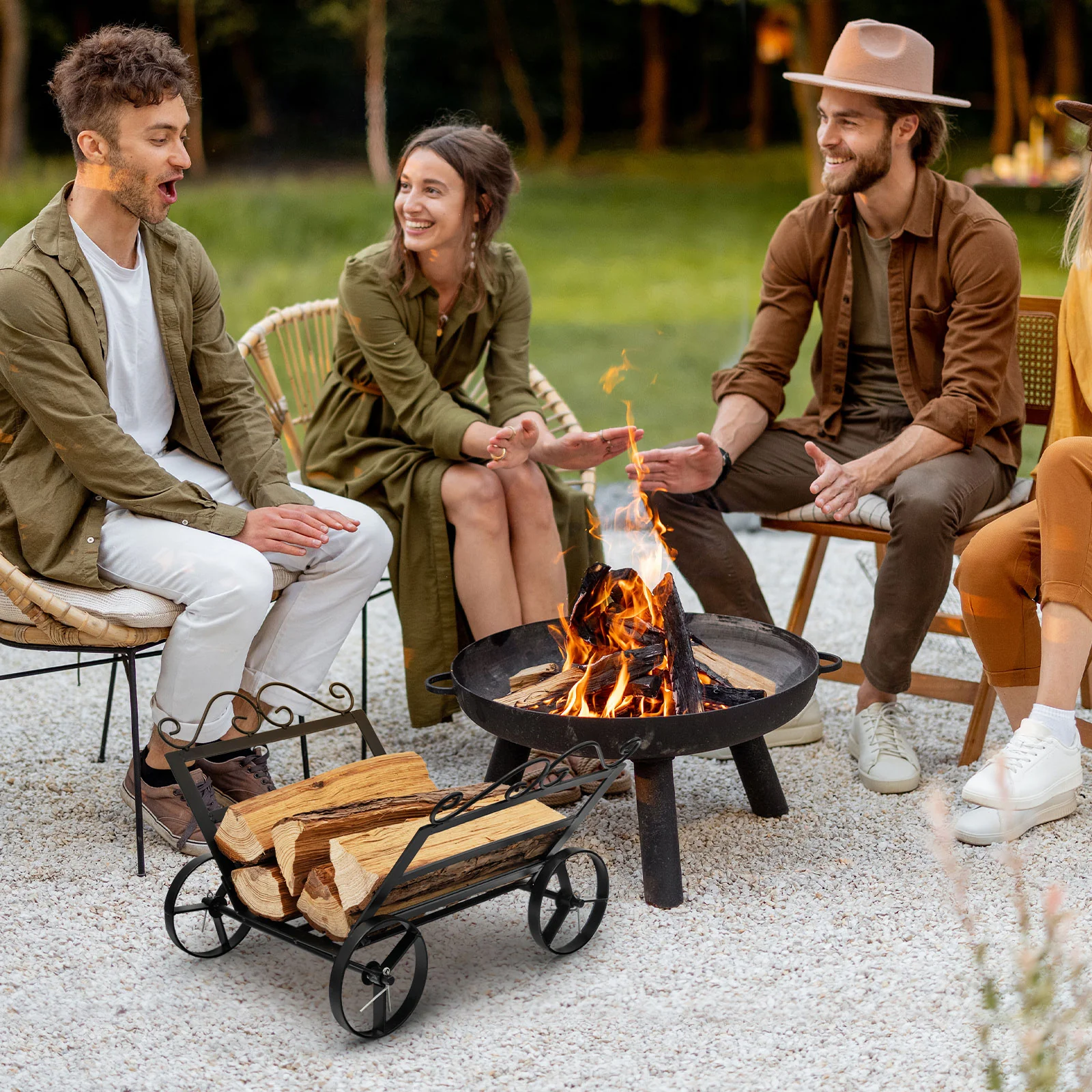 Decorative Rustproof Steel Firewood Rack With Wheels, Black - Image 8