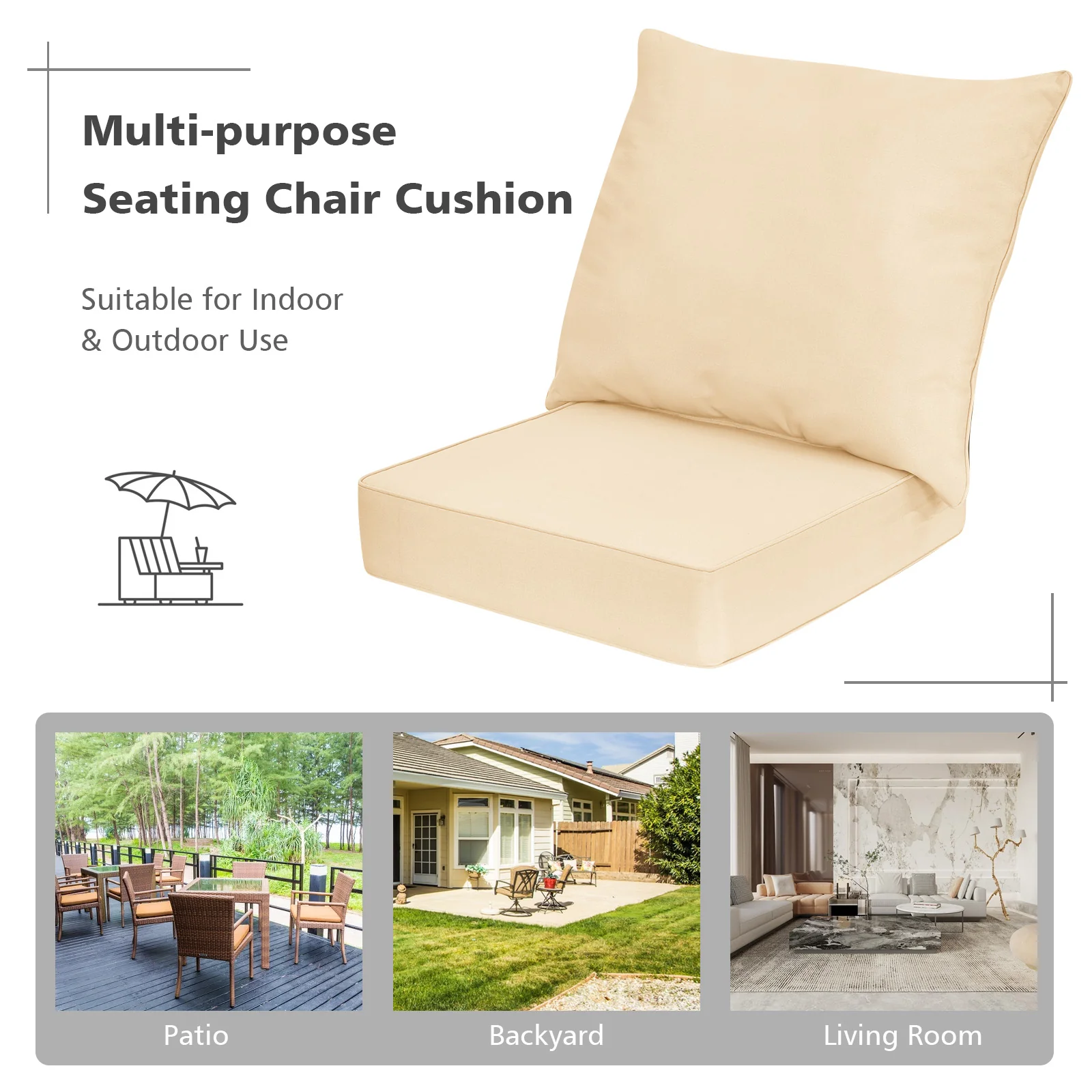 Deep Seat Chair Cushion Pads Set With Rope Belts, Beige - Image 10