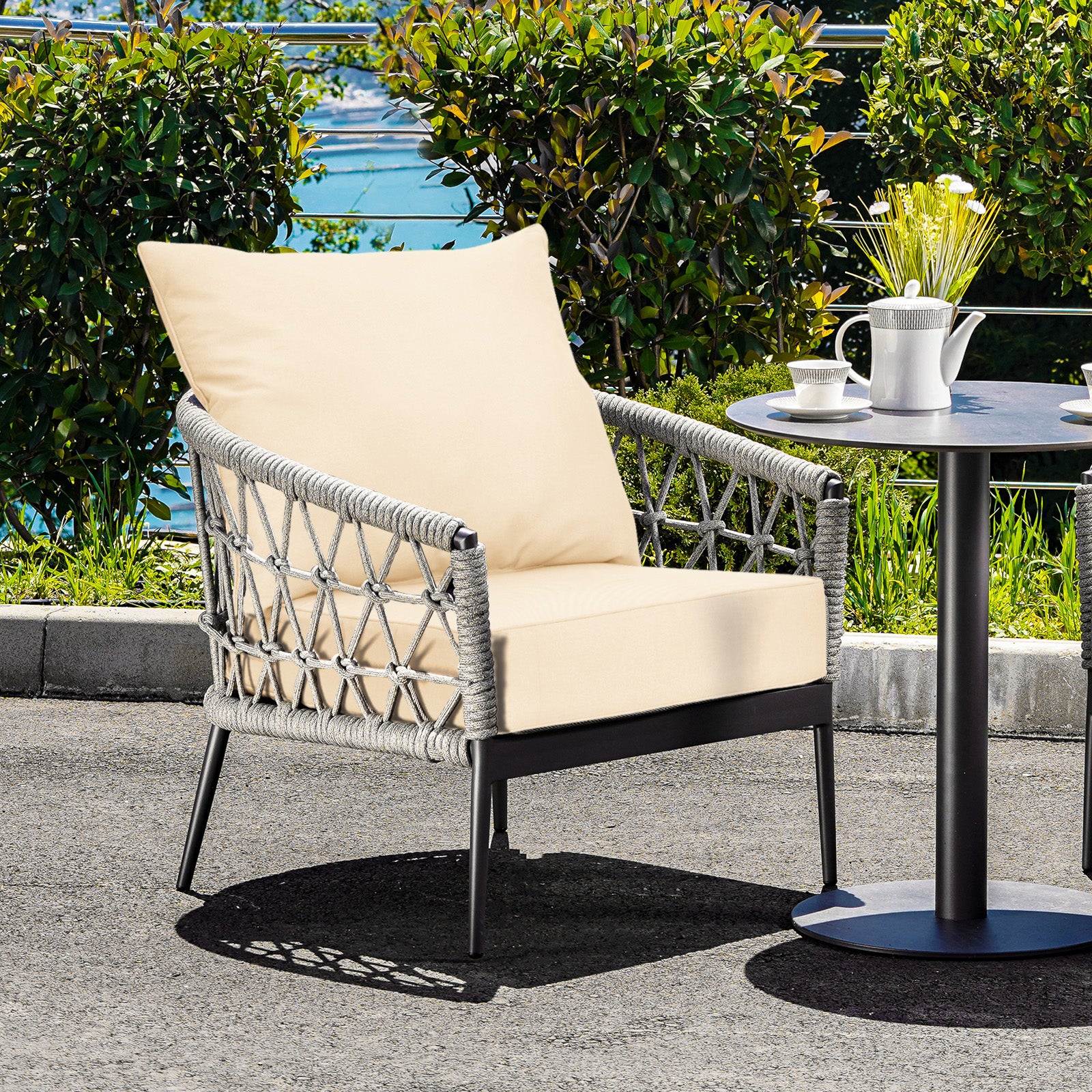 Deep Seat Chair Cushion Pads Set With Rope Belts, Beige - Image 2