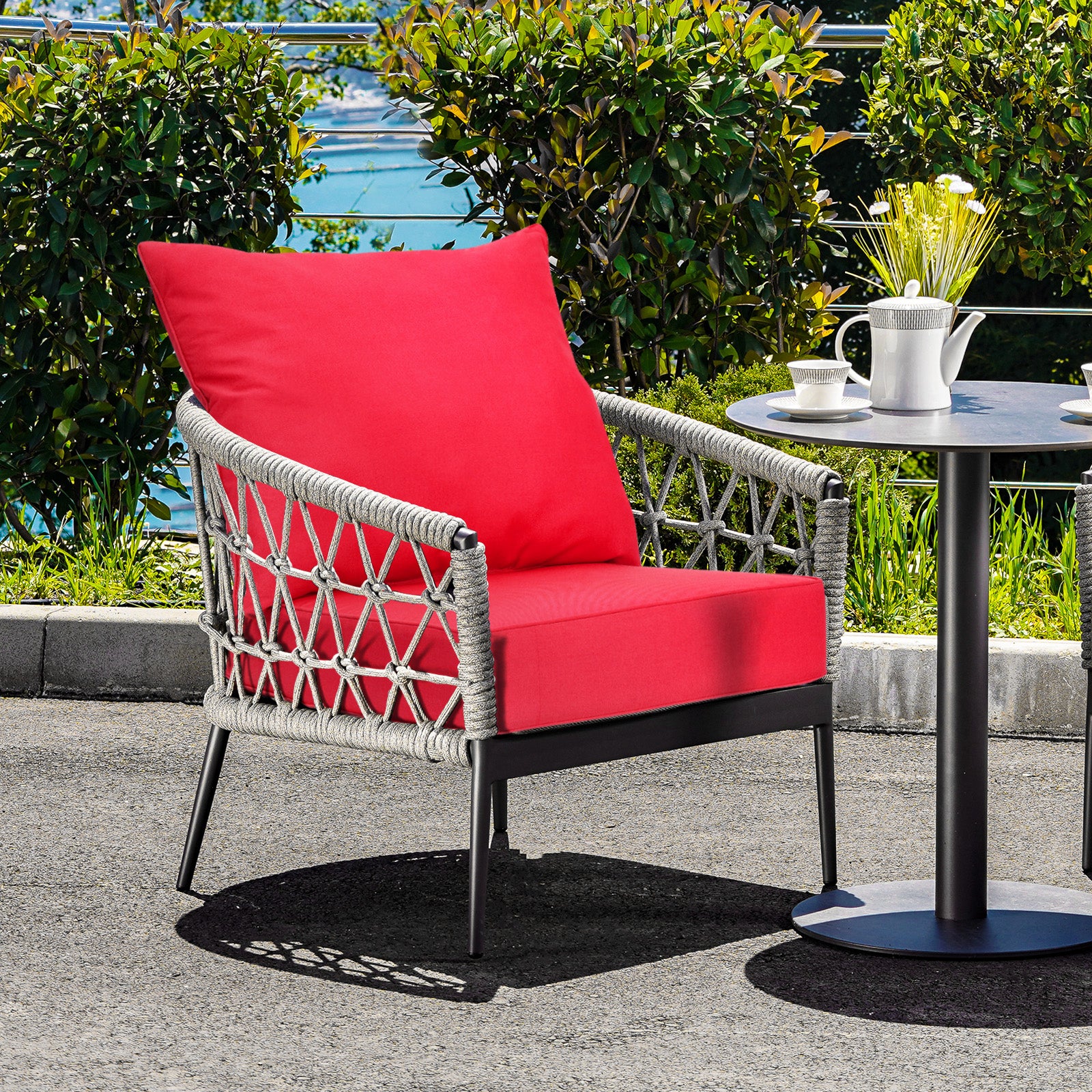 Deep Seat Chair Cushion Pads Set With Rope Belts, Indoor Outdoor, Red - Image 3