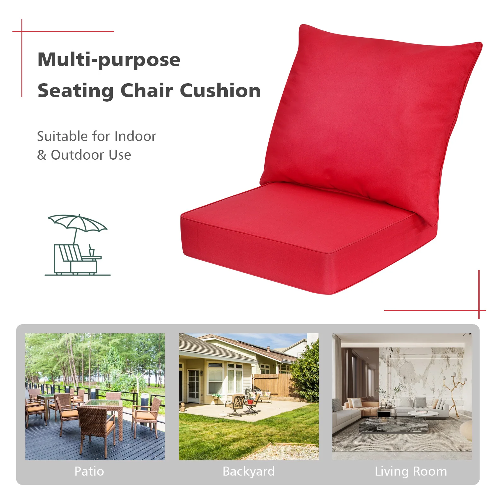 Deep Seat Chair Cushion Pads Set With Rope Belts, Indoor Outdoor, Red - Image 8