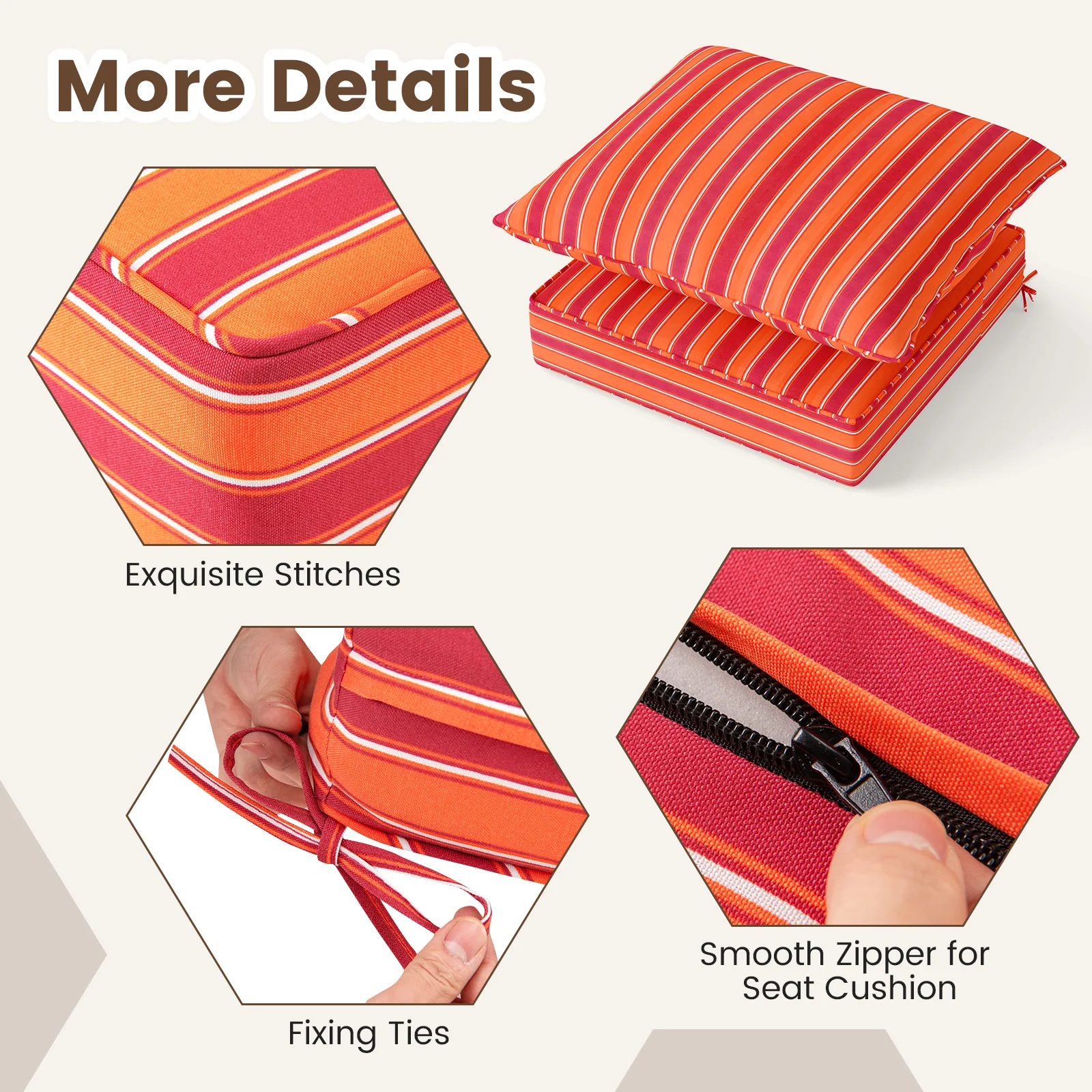 Deep Seat Chair Cushion Pads Set, With Rope Belts, Orange - Image 10
